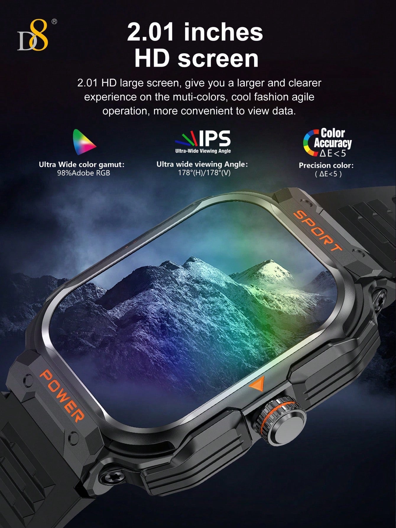 D8 2.01" Tactical Smartwatch with Earbuds, 100+ Sports Modes, Rugged HD