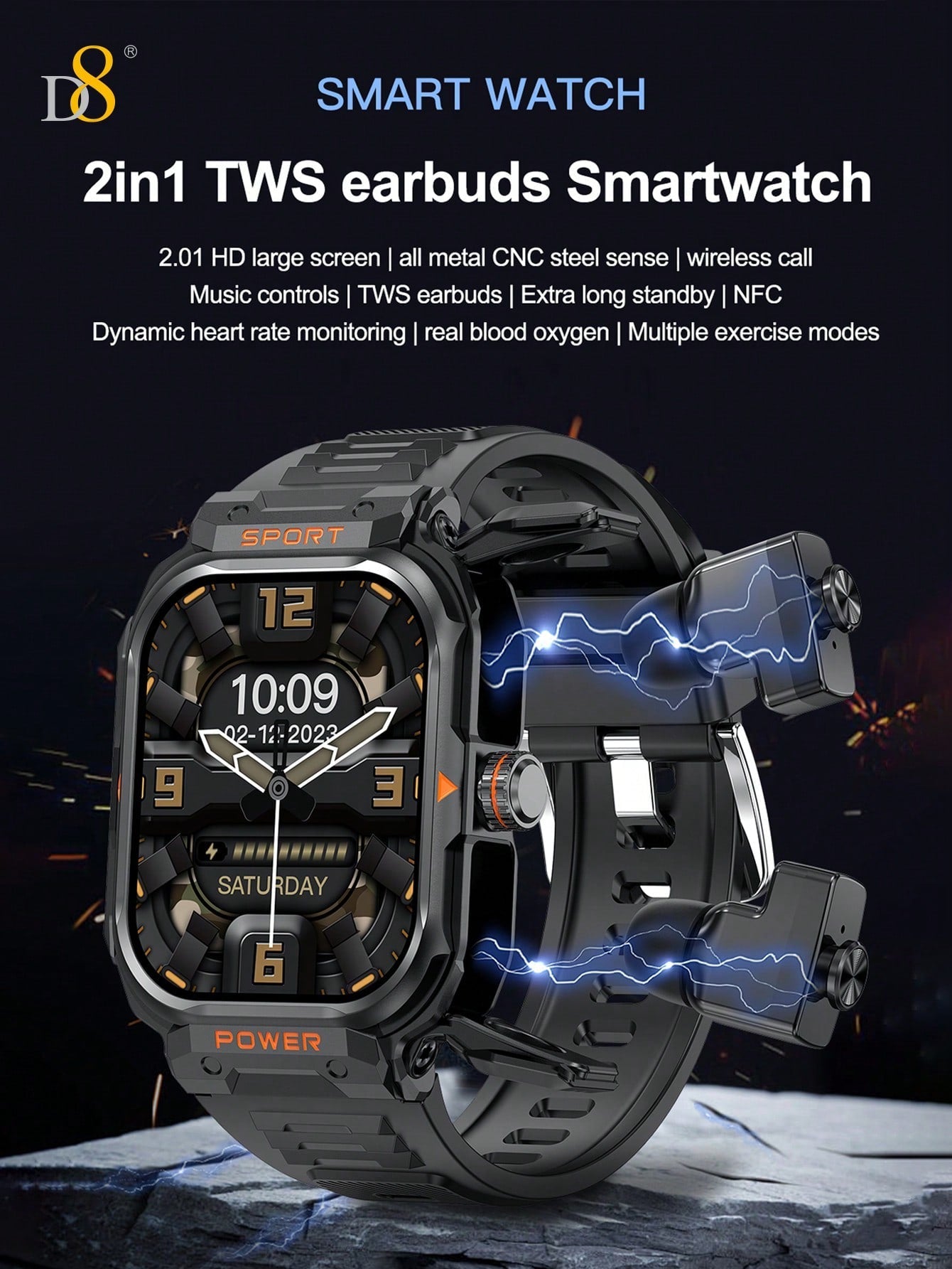 D8 2.01" Tactical Smartwatch with Earbuds, 100+ Sports Modes, Rugged HD