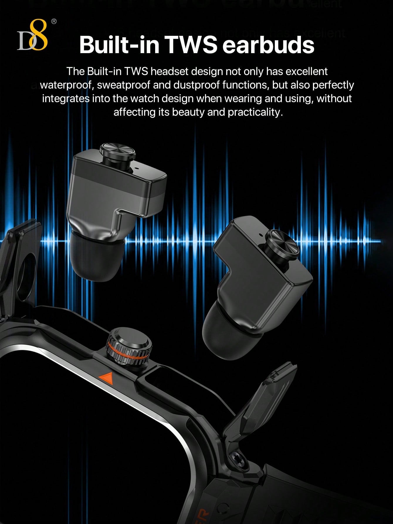 D8 2.01" Tactical Smartwatch with Earbuds, 100+ Sports Modes, Rugged HD