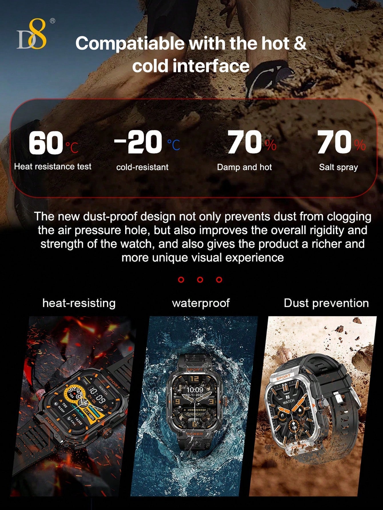 D8 2.01" Tactical Smartwatch with Earbuds, 100+ Sports Modes, Rugged HD