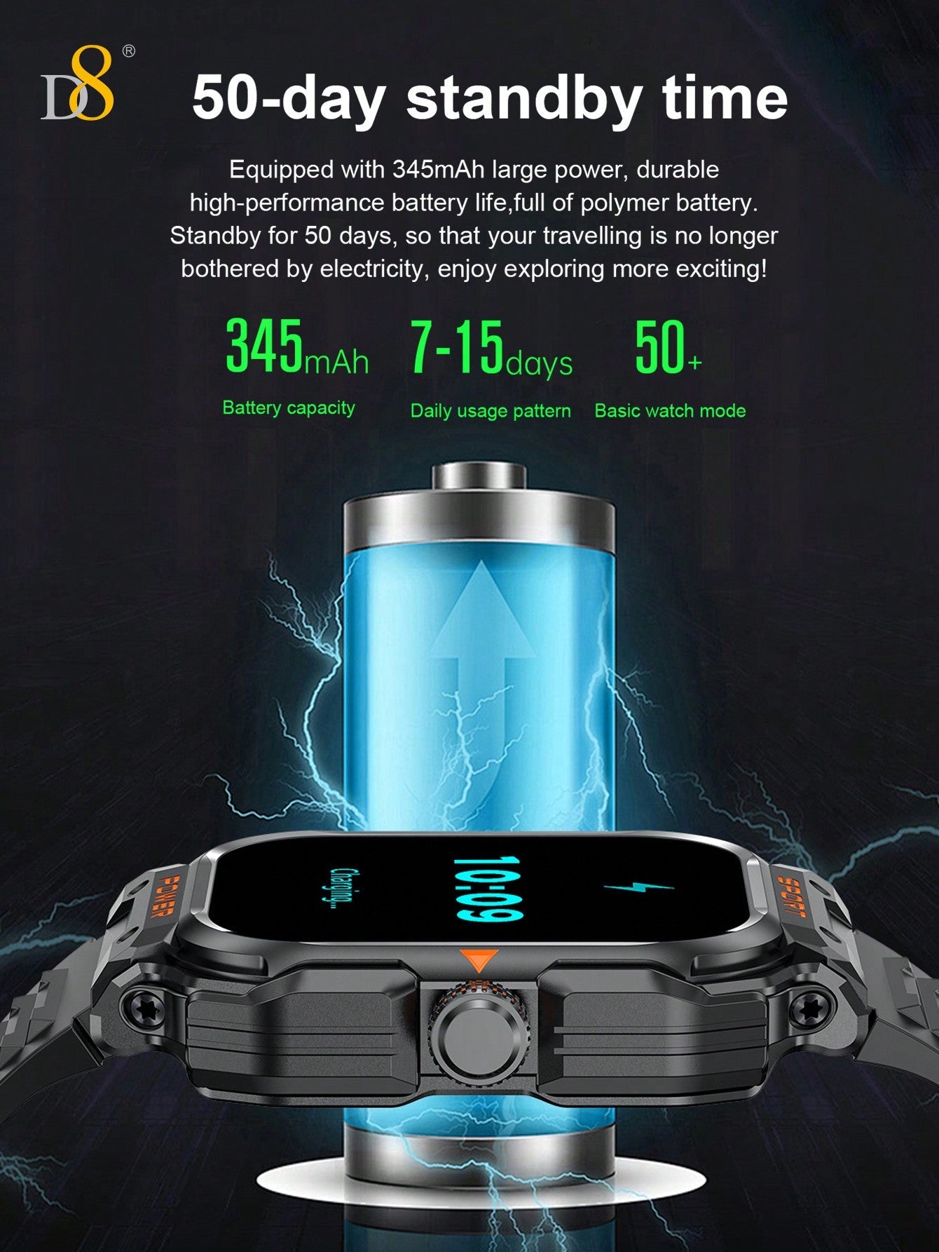 D8 2.01" Tactical Smartwatch with Earbuds, 100+ Sports Modes, Rugged HD