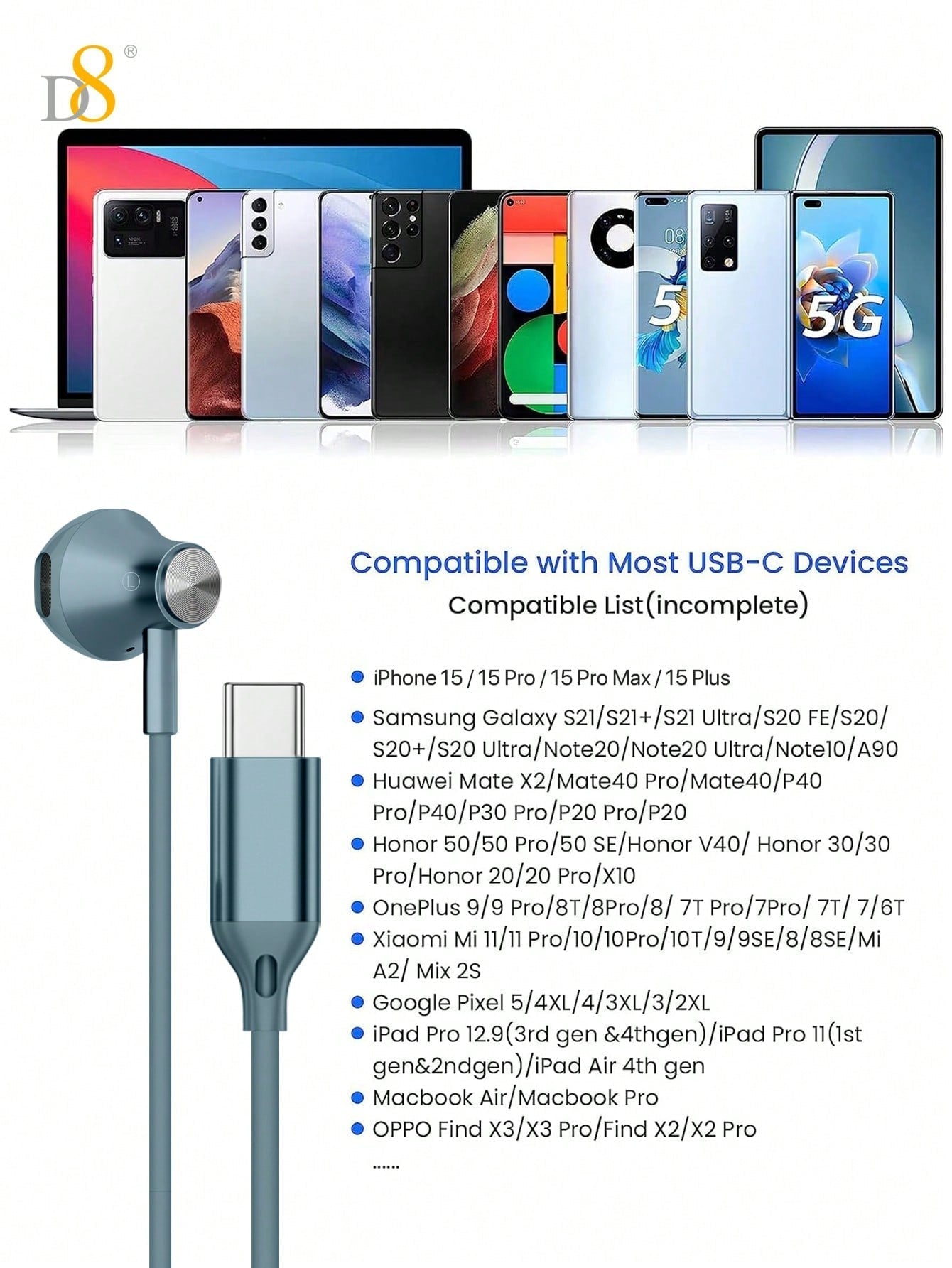 D8 USB-C In-Ear Earphones, Mic & Volume Control, for iPhone/Galaxy/iPad