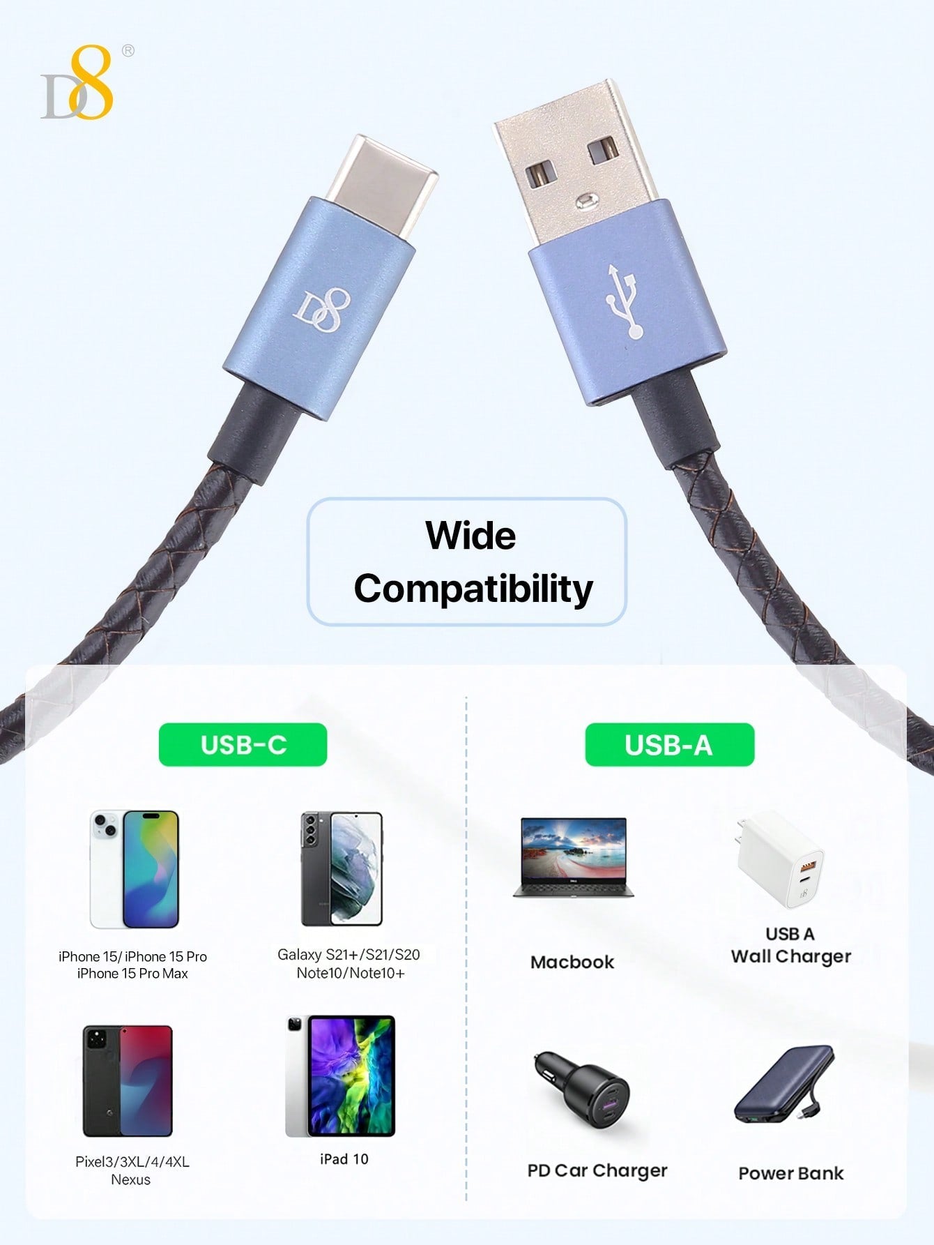 D8 Genuine Leather USB-C Cable, 60W/0.2m, USB-A to Type-C for iPhone/Galaxy