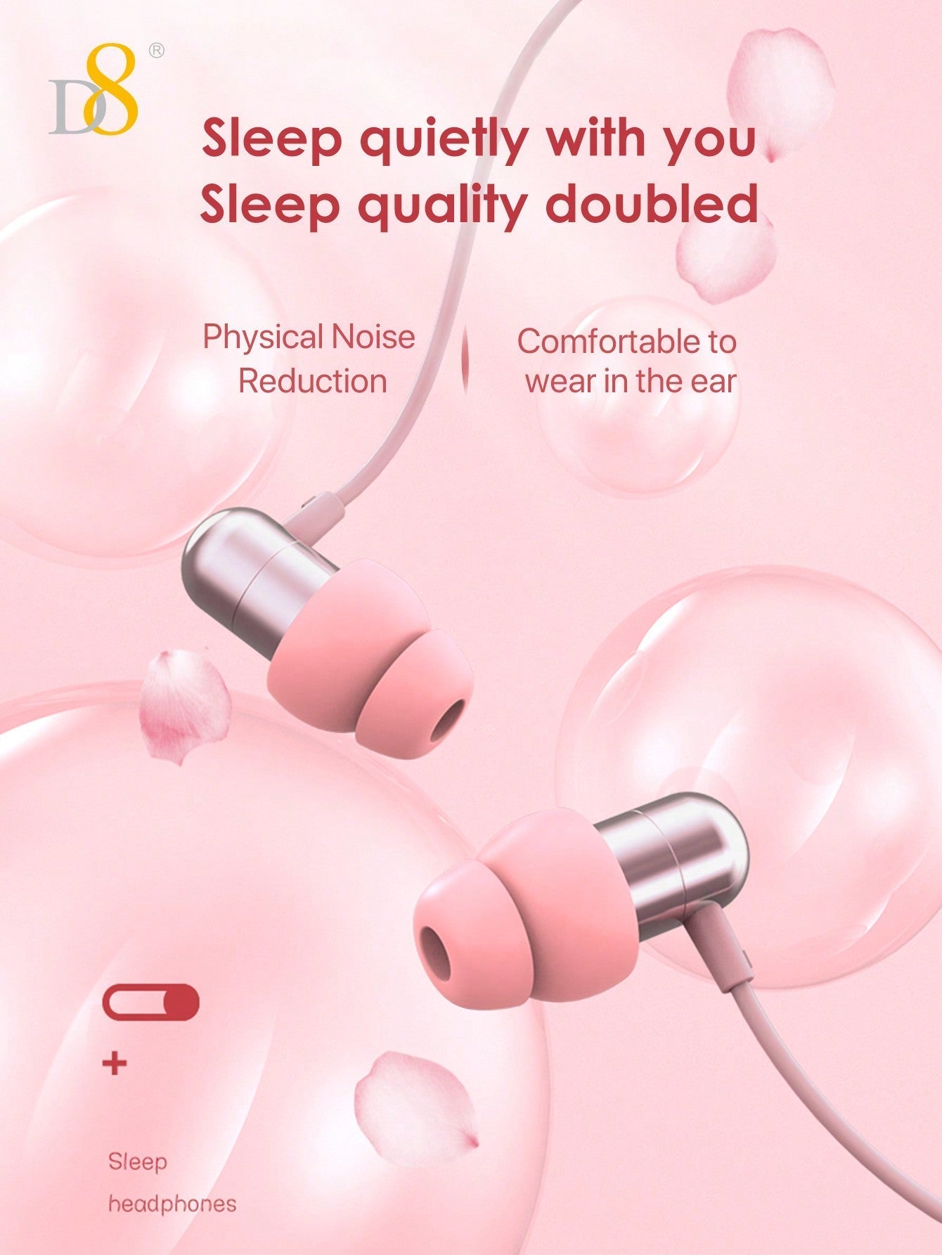 D8 USB-C Sleep Headphones, Wired Earbuds, Bass & Noise Isolation, iPhone/Android
