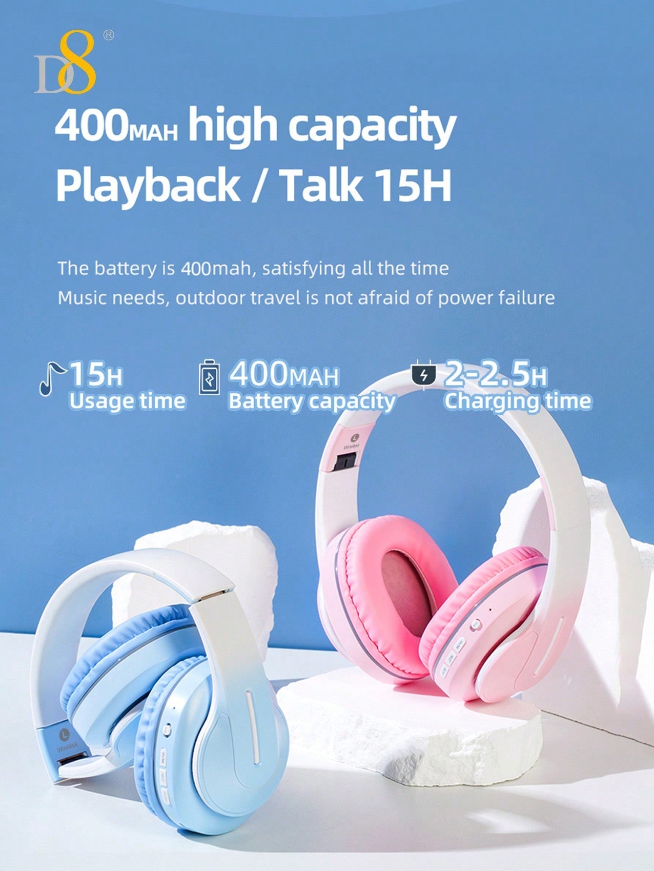 D8 Over-Ear Headphones, 15H Playtime, 6 EQ Modes, Foldable, HiFi Deep Bass