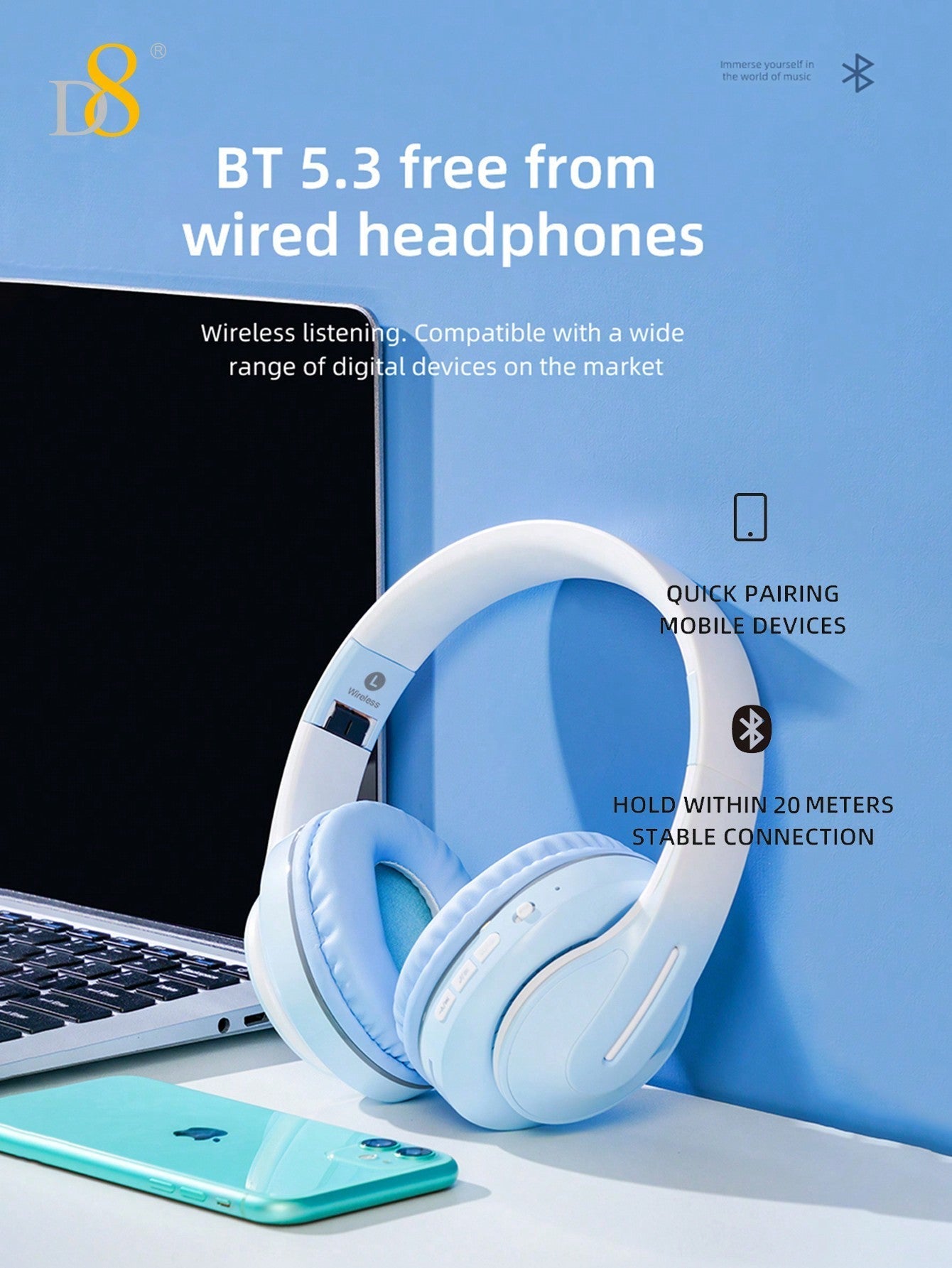 D8 Over-Ear Headphones, 15H Playtime, 6 EQ Modes, Foldable, HiFi Deep Bass
