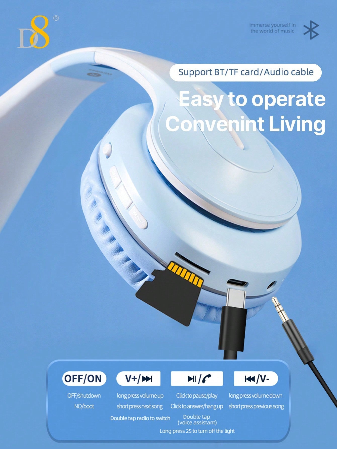 D8 Over-Ear Headphones, 15H Playtime, 6 EQ Modes, Foldable, HiFi Deep Bass