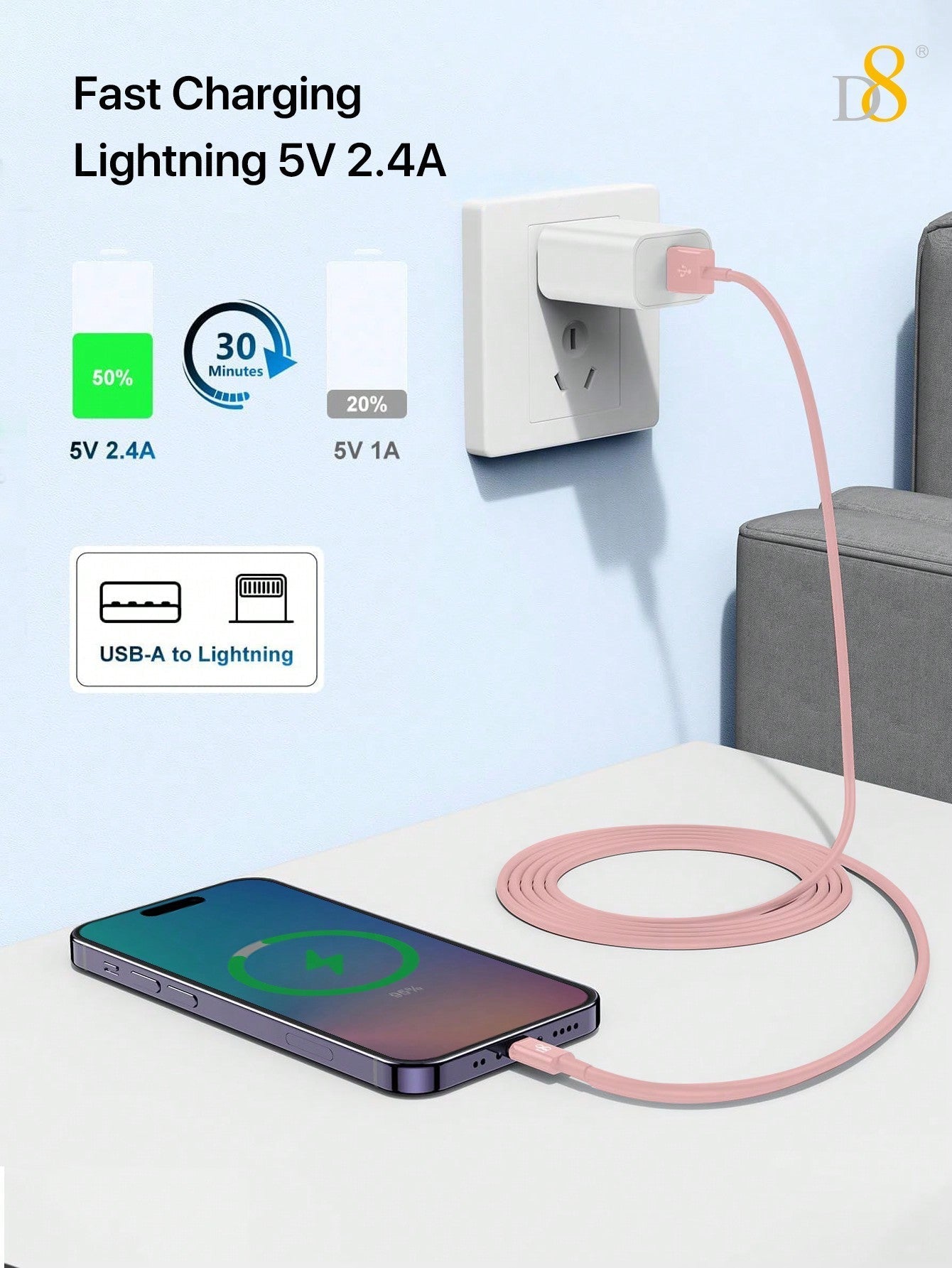 D8 MFi Certified USB-A to Lightning Cable, 2.4A Fast Charging (0.25M/1M/1.5M/2M)