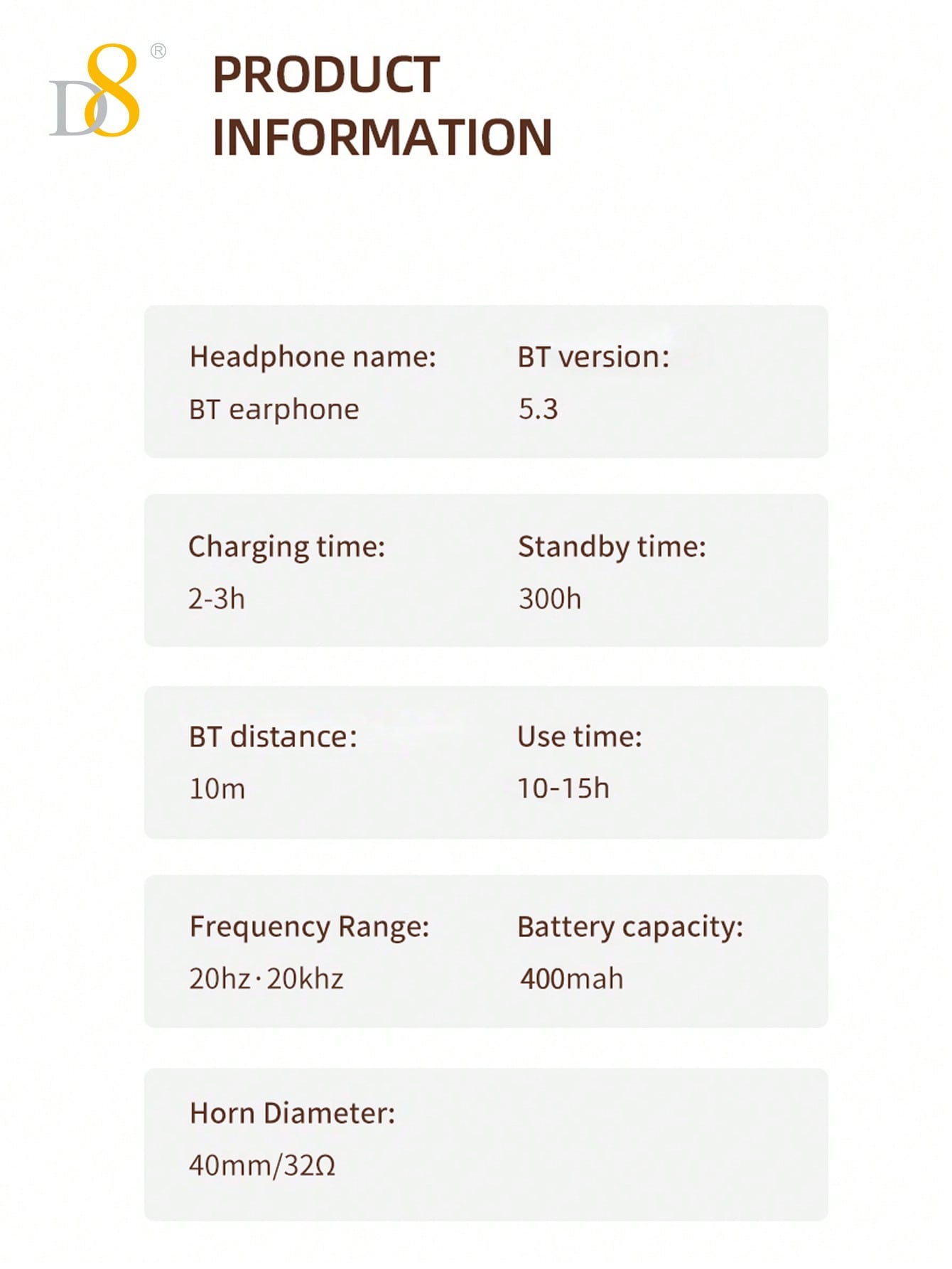 D8 Over-Ear Headphones, Wireless/Wired, Foldable, Mic & Deep Bass, 15H Playtime