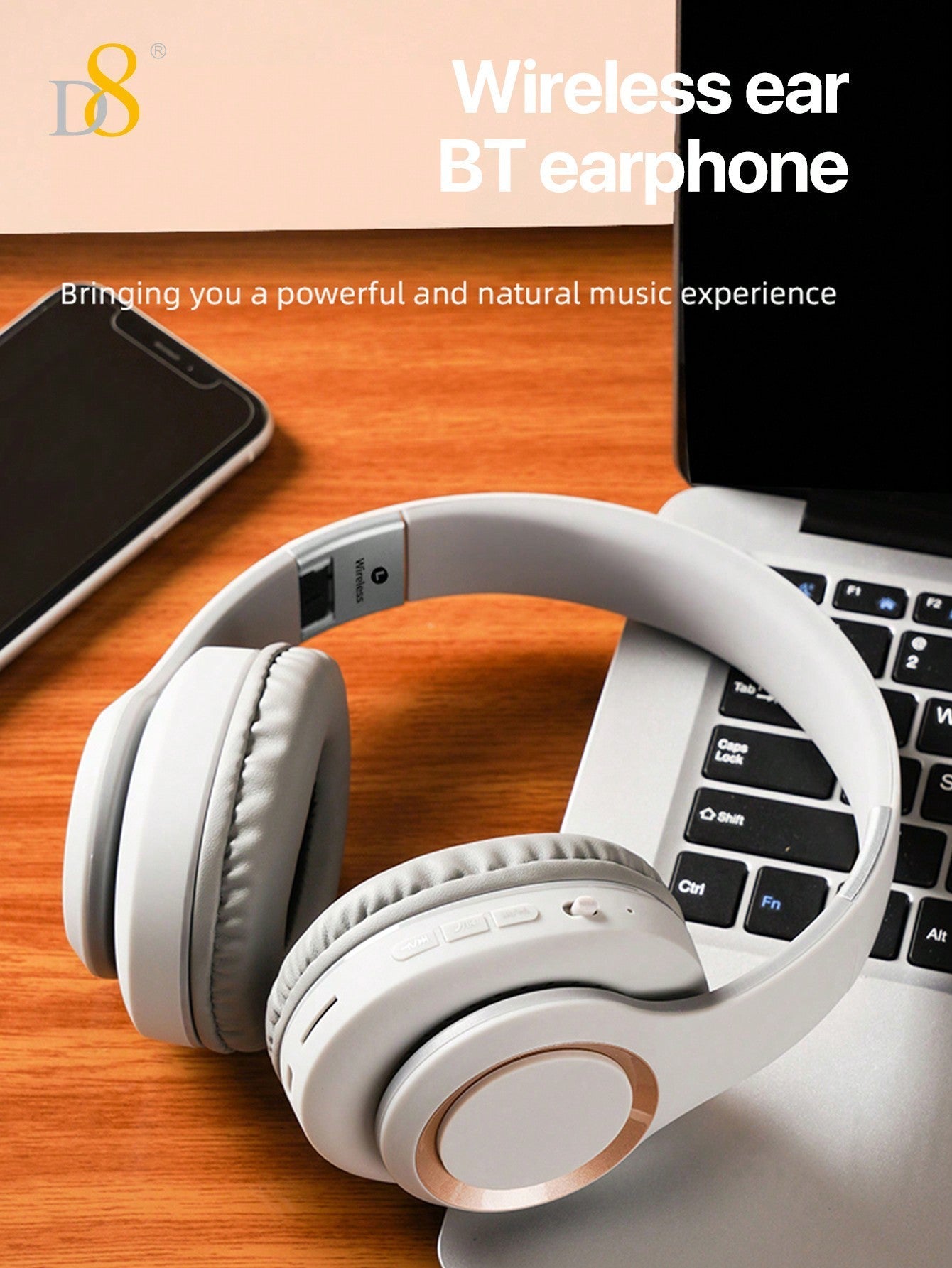 D8 Over-Ear Headphones, Wireless/Wired, Foldable, Mic & Deep Bass, 15H Playtime