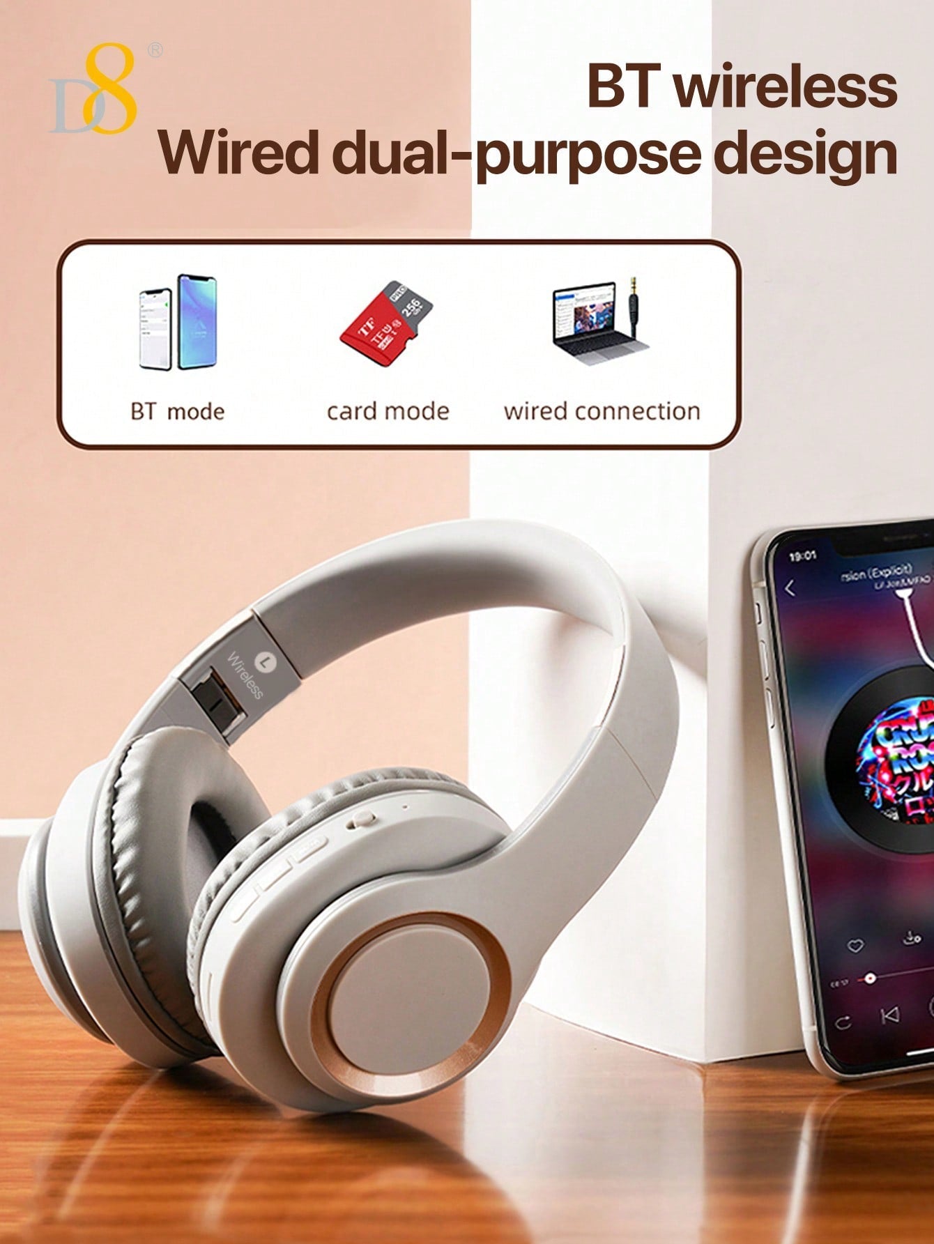 D8 Over-Ear Headphones, Wireless/Wired, Foldable, Mic & Deep Bass, 15H Playtime