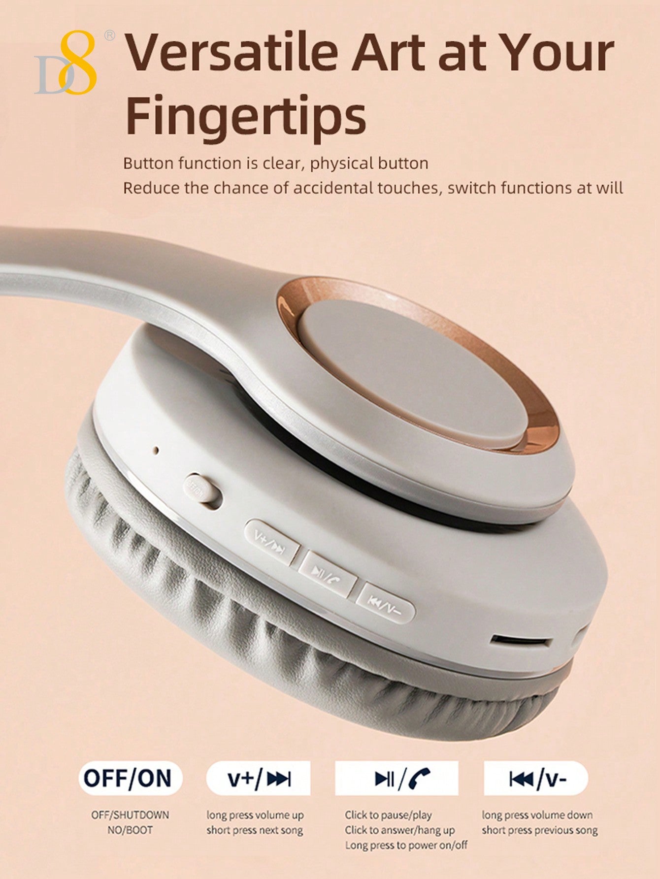 D8 Over-Ear Headphones, Wireless/Wired, Foldable, Mic & Deep Bass, 15H Playtime