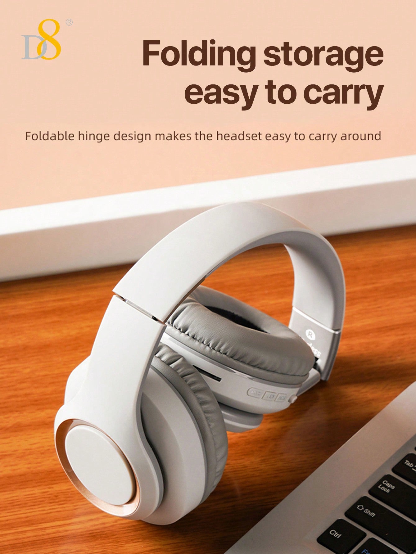 D8 Over-Ear Headphones, Wireless/Wired, Foldable, Mic & Deep Bass, 15H Playtime