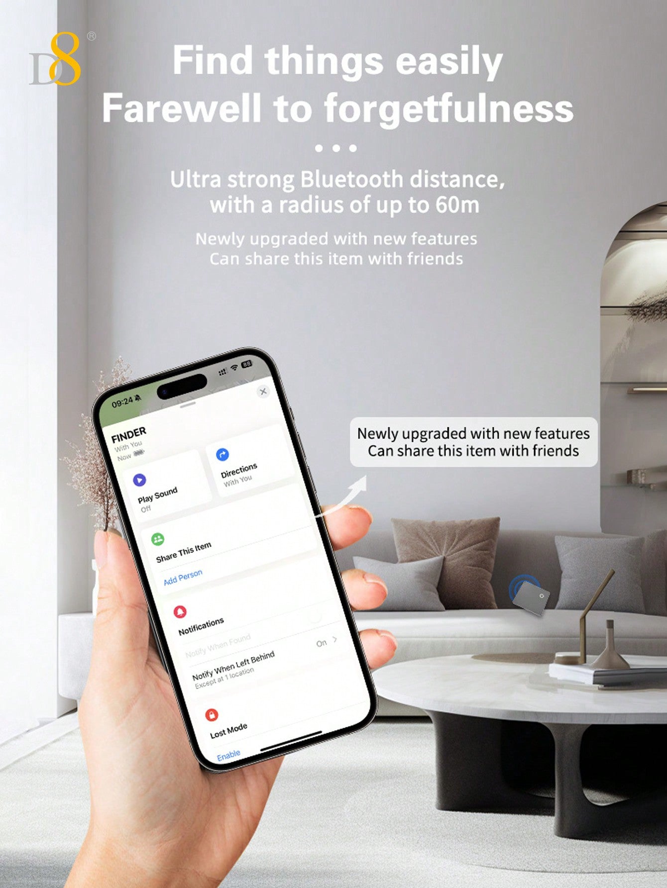 D8 Mini Wallet Tracker Card, Apple MFi Certified, Wireless Charging, IP67 Waterproof