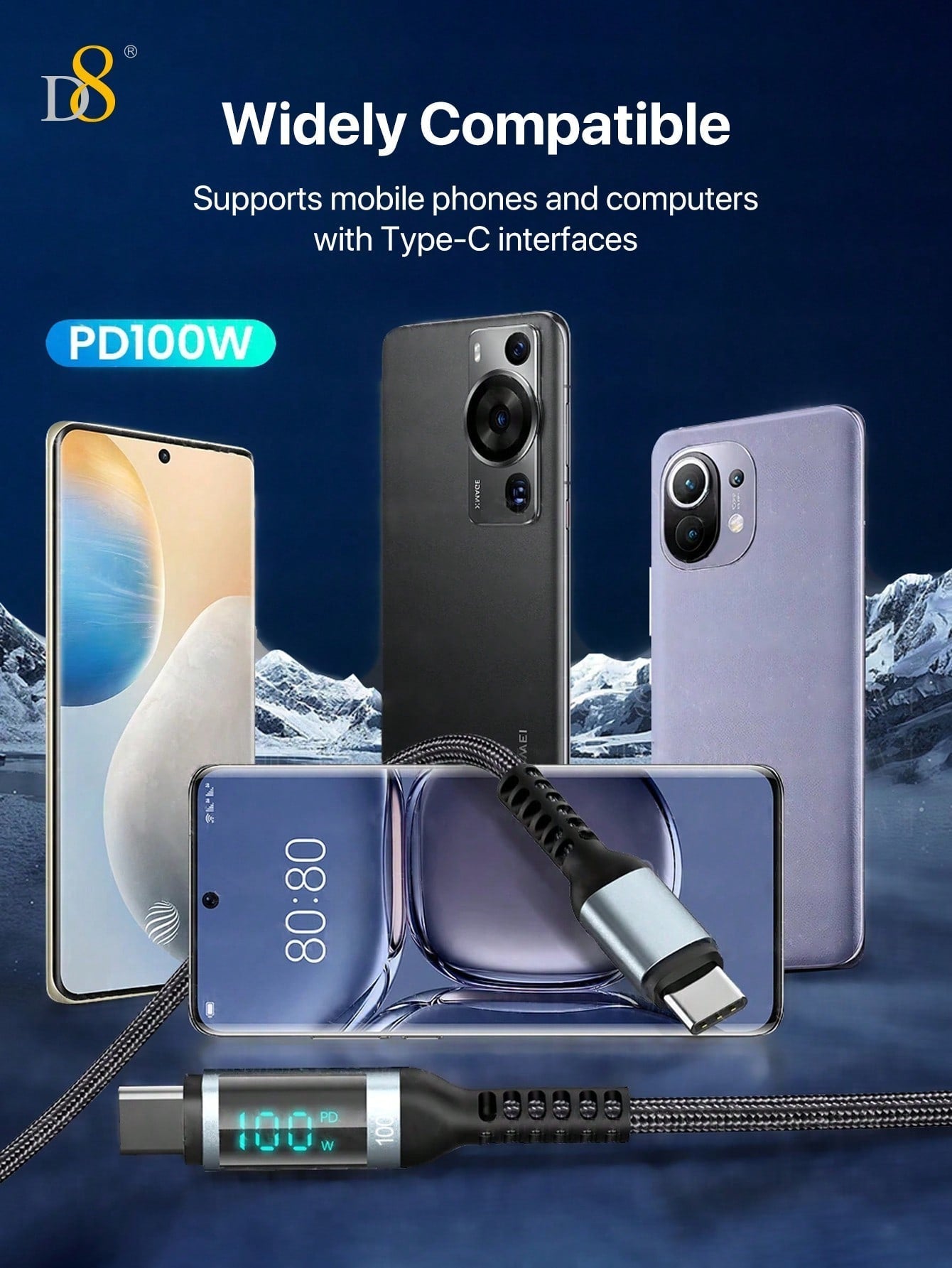 D8 USB-C Cable, 1.2M, 100W/5A Fast Charge, LED Display for iPhone & Samsung