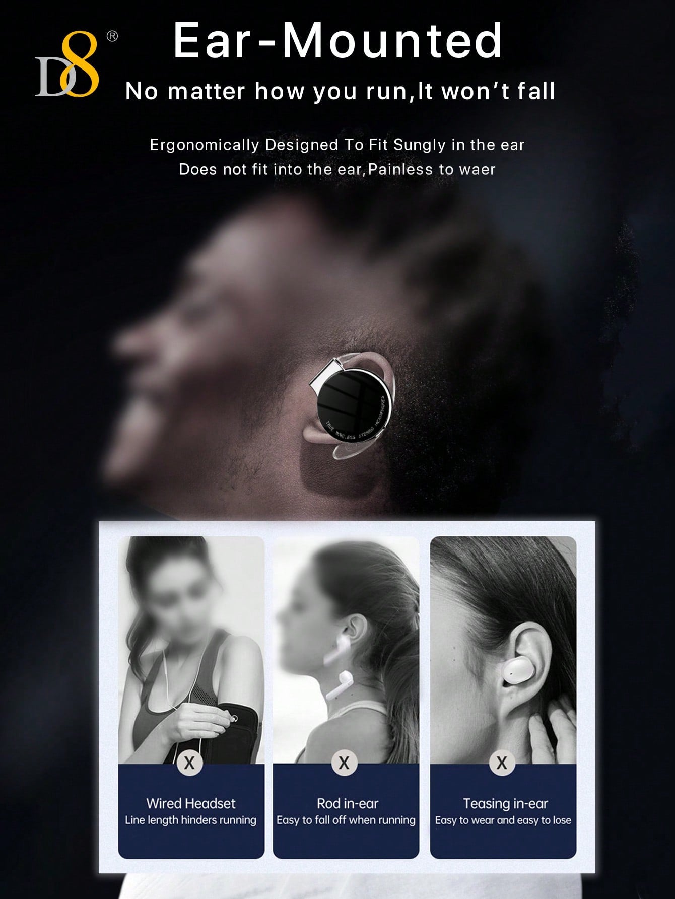 D8 Open-Ear Wireless Headphones, Bass Stereo, 15H Playtime, Waterproof Mic