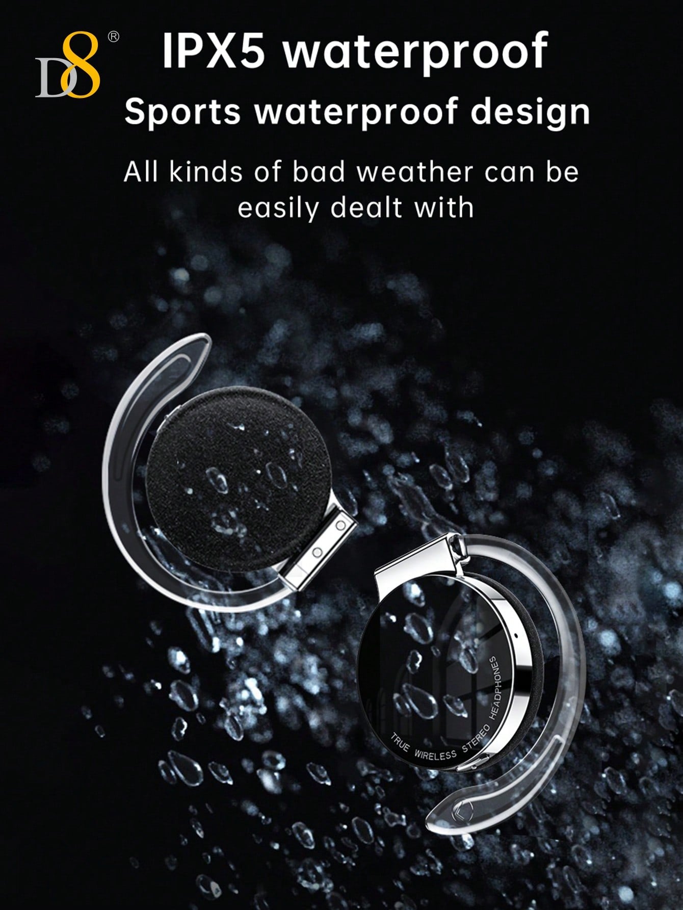 D8 Open-Ear Wireless Headphones, Bass Stereo, 15H Playtime, Waterproof Mic