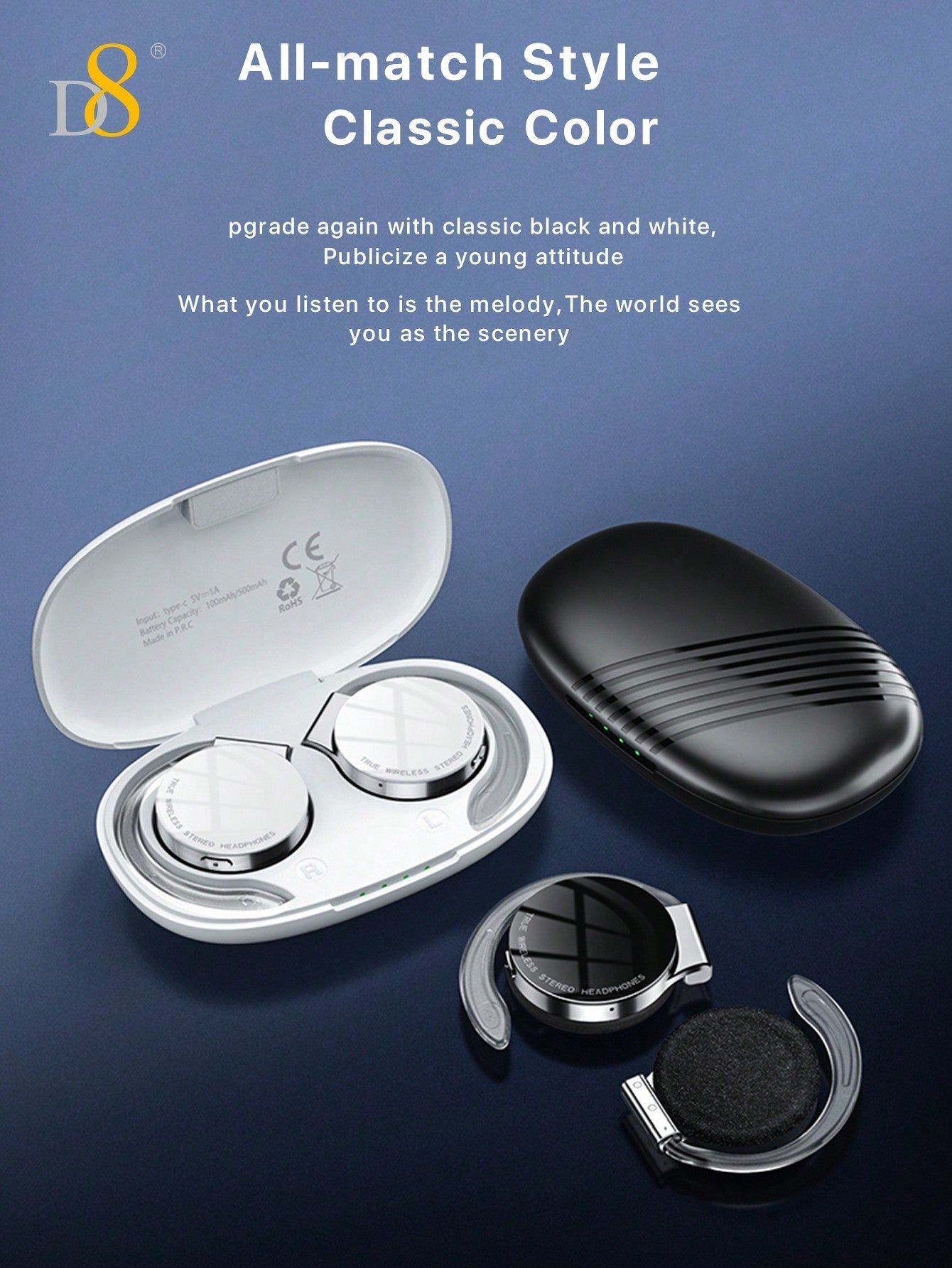 D8 Open-Ear Wireless Headphones, Bass Stereo, 15H Playtime, Waterproof Mic