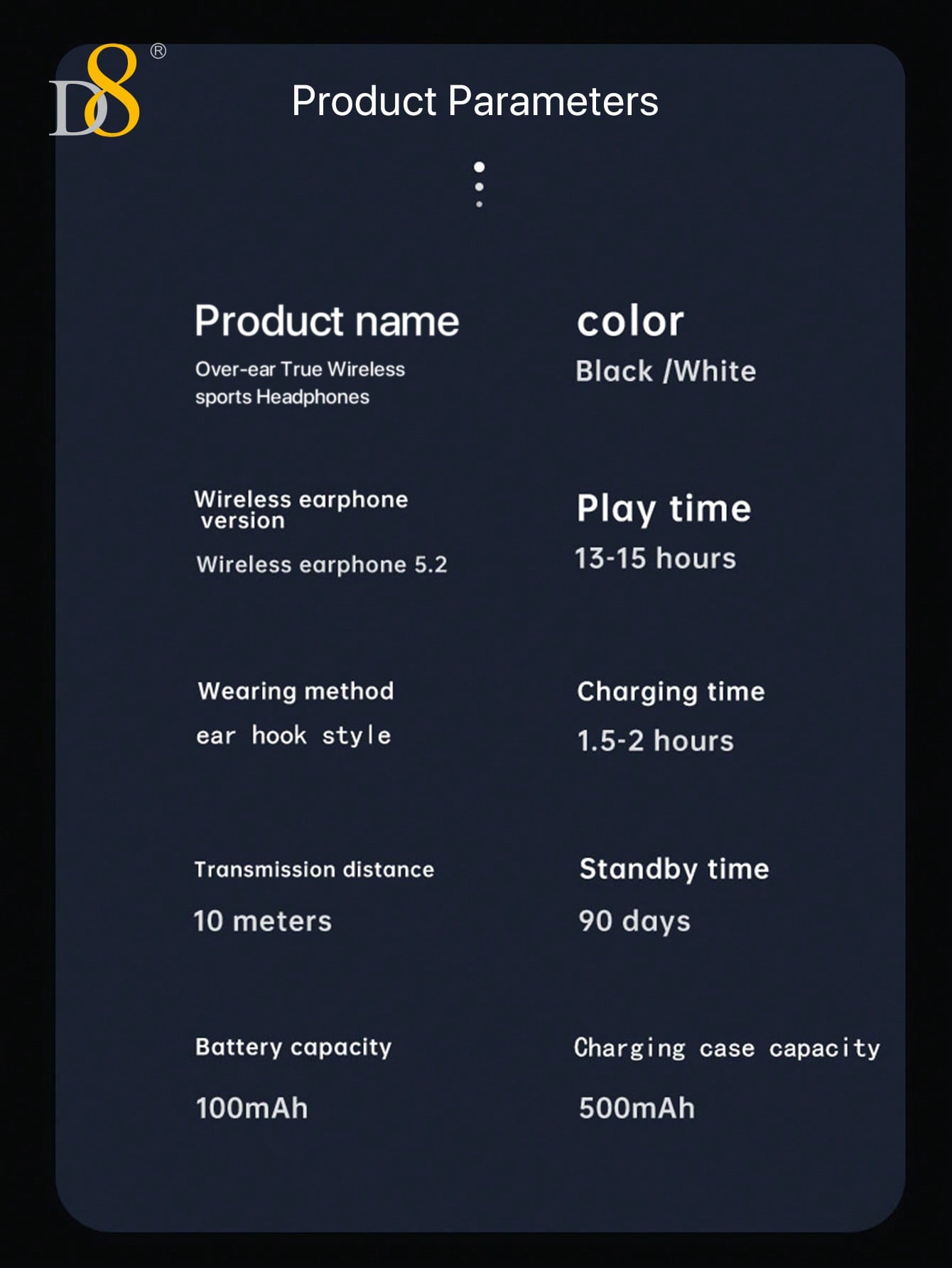 D8 Open-Ear Wireless Headphones, Bass Stereo, 15H Playtime, Waterproof Mic