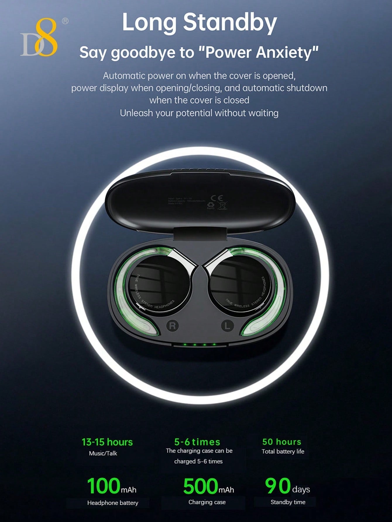 D8 Open-Ear Wireless Headphones, Bass Stereo, 15H Playtime, Waterproof Mic