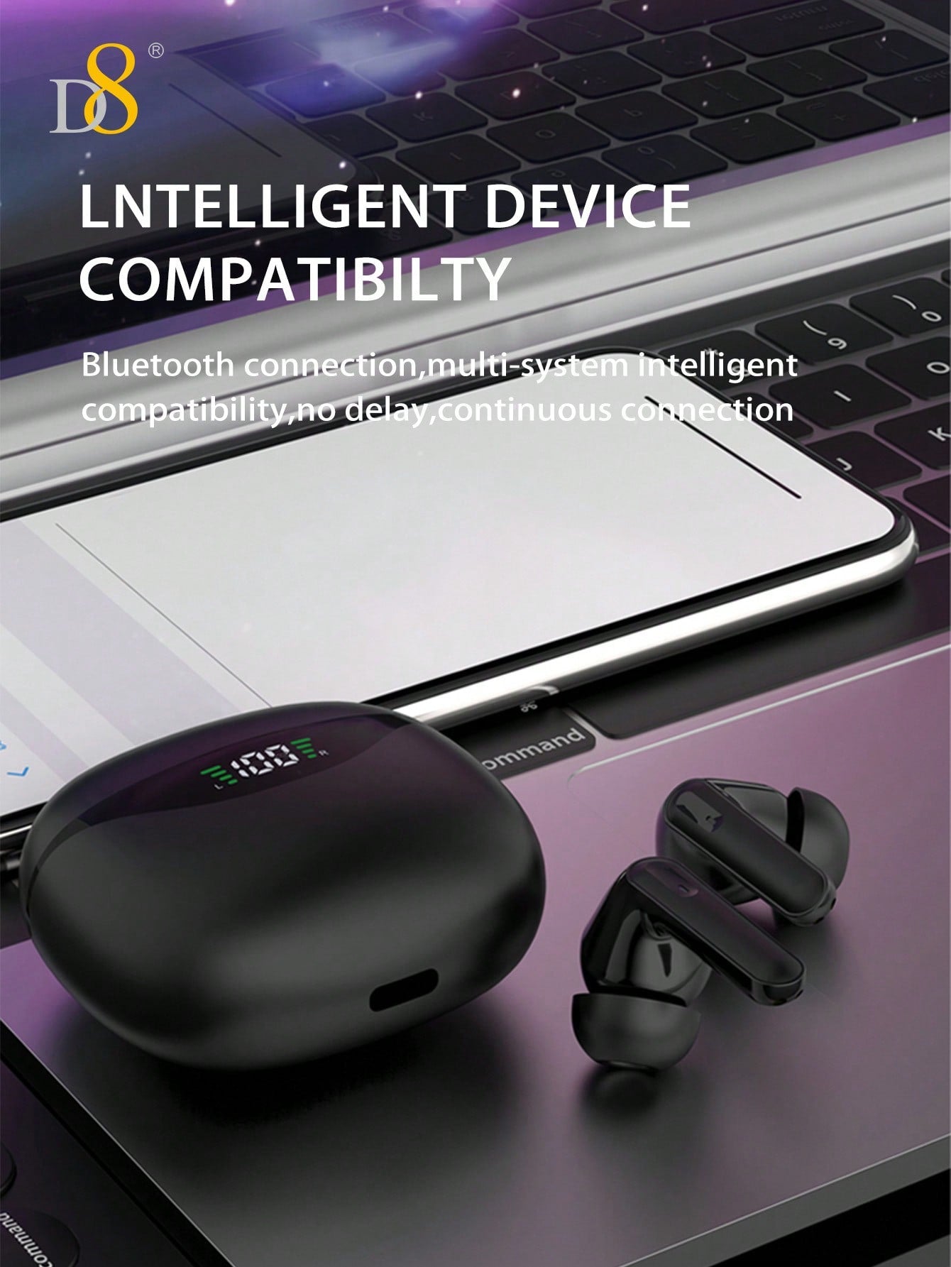D8 Wireless Earbuds, HiFi Stereo, 5H Playtime, LED Display, iPhone/Android