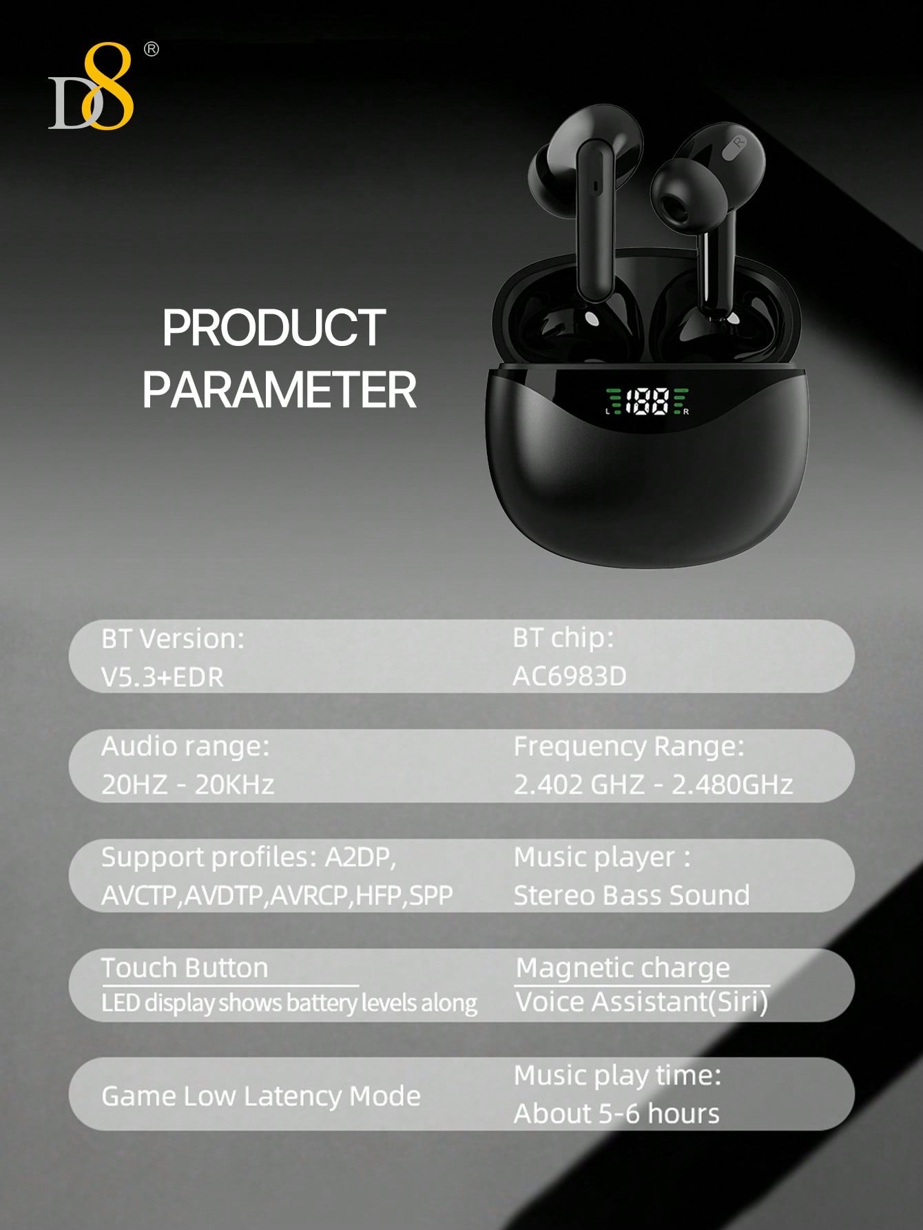 D8 Wireless Earbuds, HiFi Stereo, 5H Playtime, LED Display, iPhone/Android