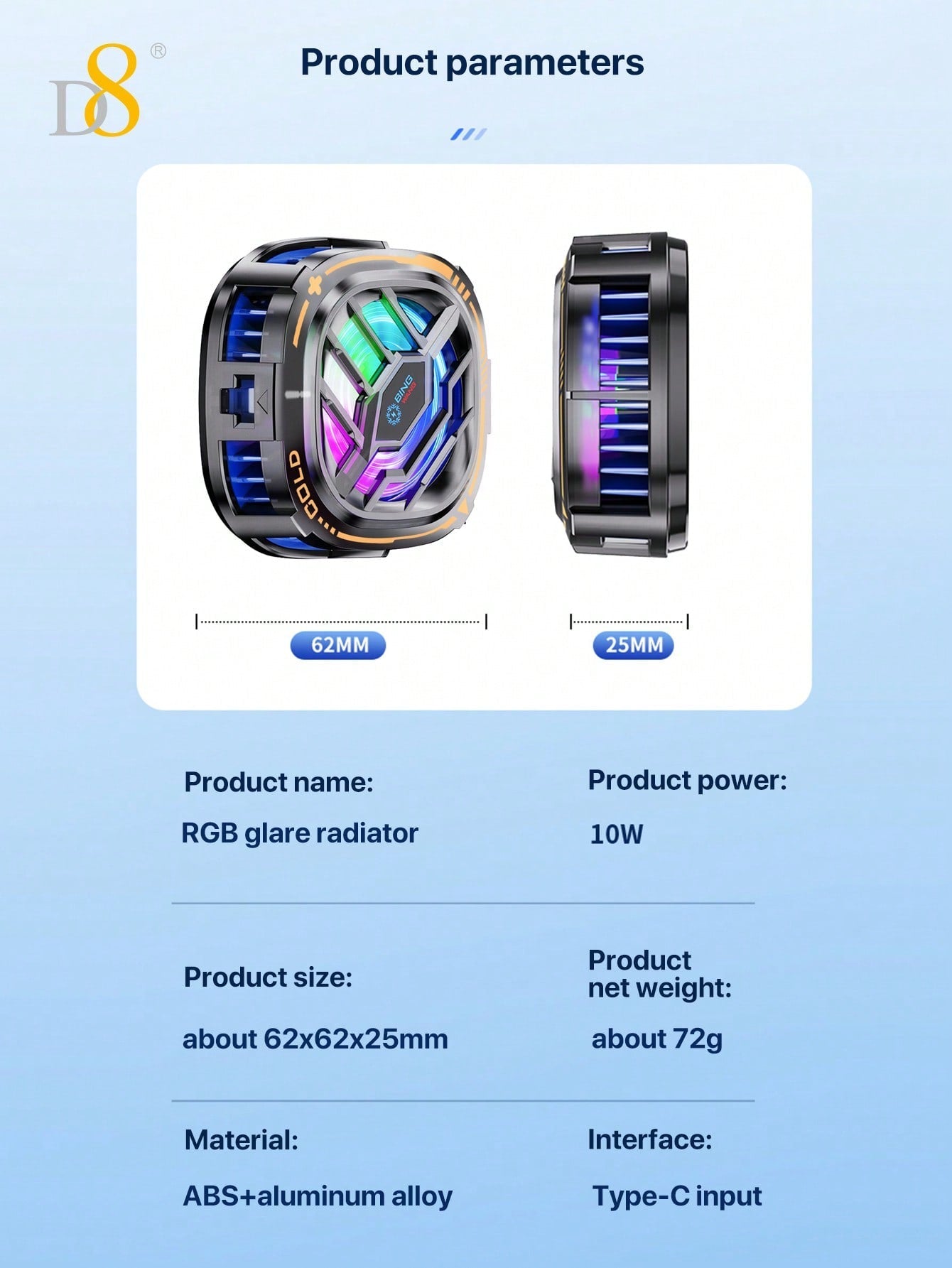 D8 Phone Cooler, Dual Semiconductor, 6-8cm Phones, Live Streaming & Gaming