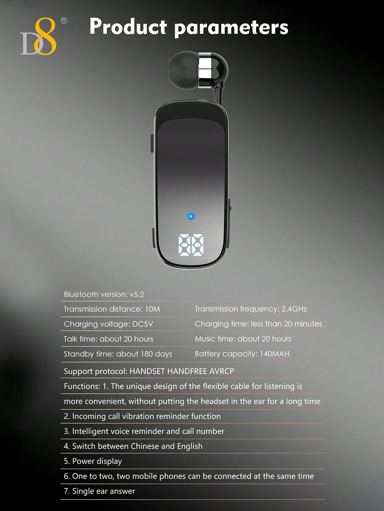 D8 Retractable Wireless Headset ,LED Display Over-Ear Buds,Headphone Stereo Earphone Noise Cancelling Mic Clip On Earpiece Comfortable HandsFree Headset 20Hrs Talking Time Sports Business Trucker Driver Earbud