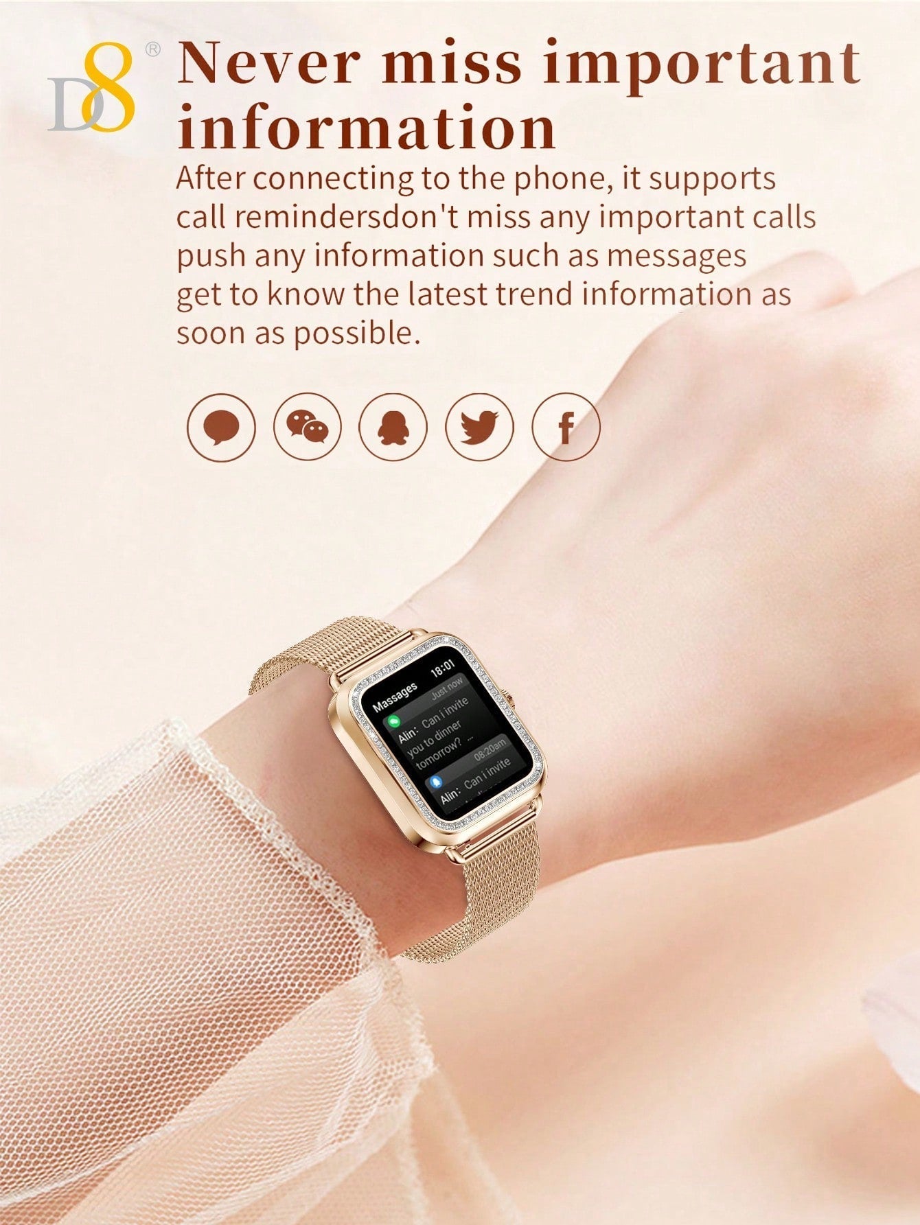 D8 Women's Smartwatch, 1.59", IP68 Waterproof, Diamond Bezel, 100+ Sports