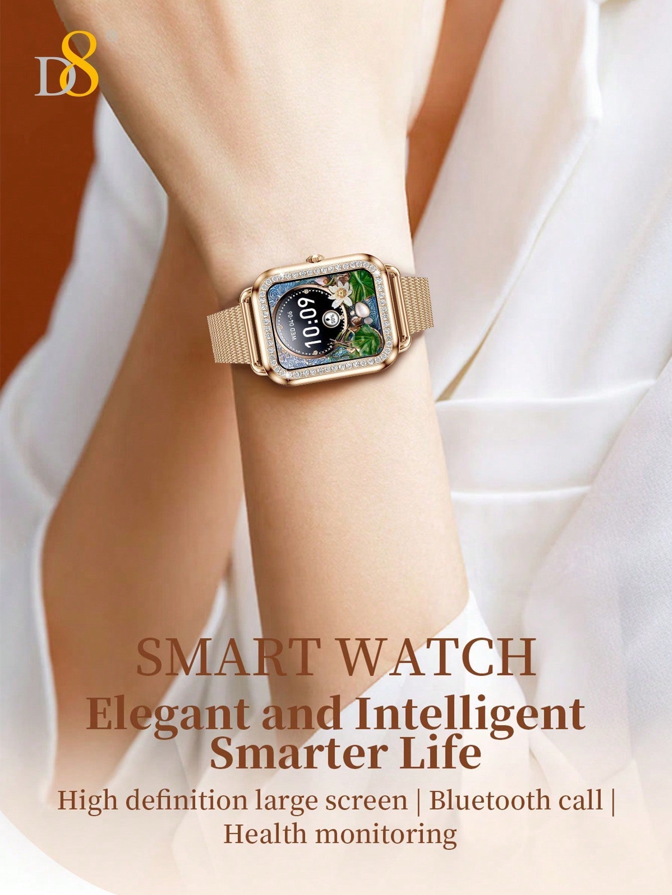 D8 Women's Smartwatch, 1.59", IP68 Waterproof, Diamond Bezel, 100+ Sports