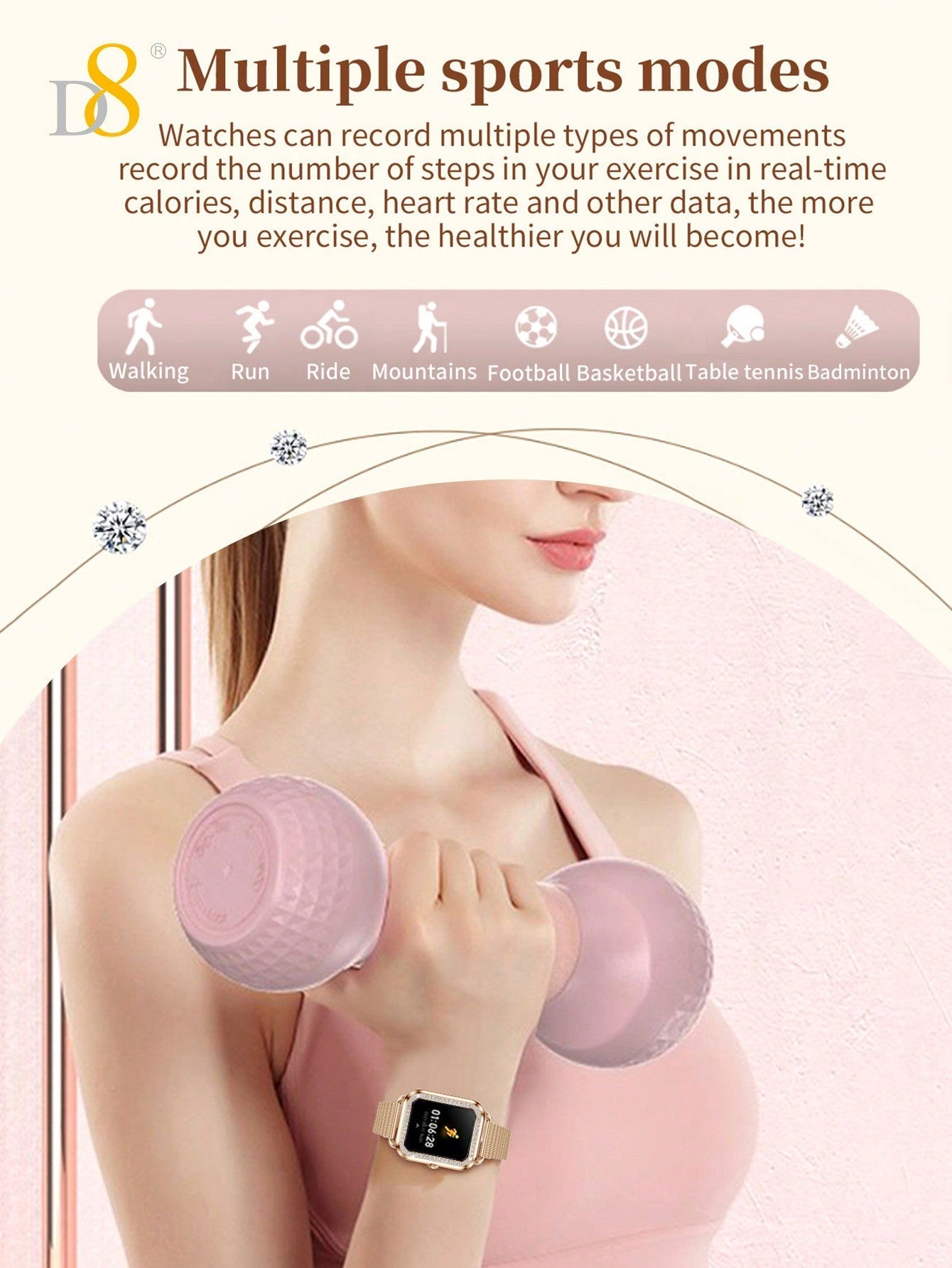 D8 Women's Smartwatch, 1.59", IP68 Waterproof, Diamond Bezel, 100+ Sports