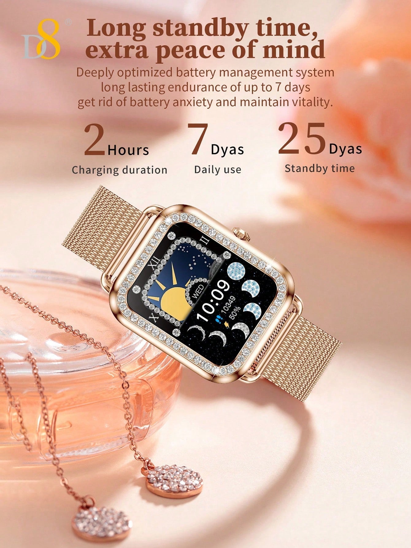 D8 Women's Smartwatch, 1.59", IP68 Waterproof, Diamond Bezel, 100+ Sports