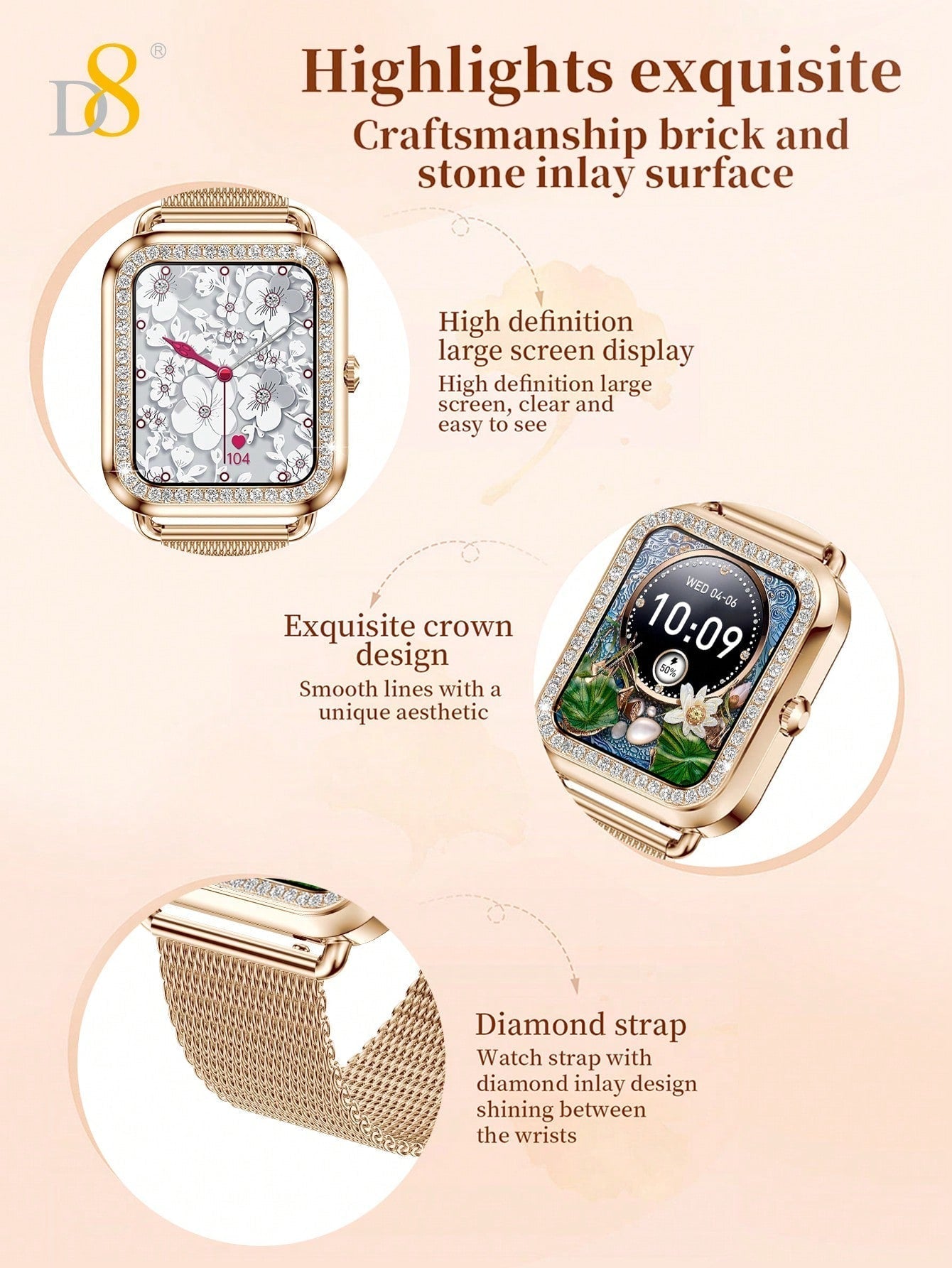 D8 Women's Smartwatch, 1.59", IP68 Waterproof, Diamond Bezel, 100+ Sports