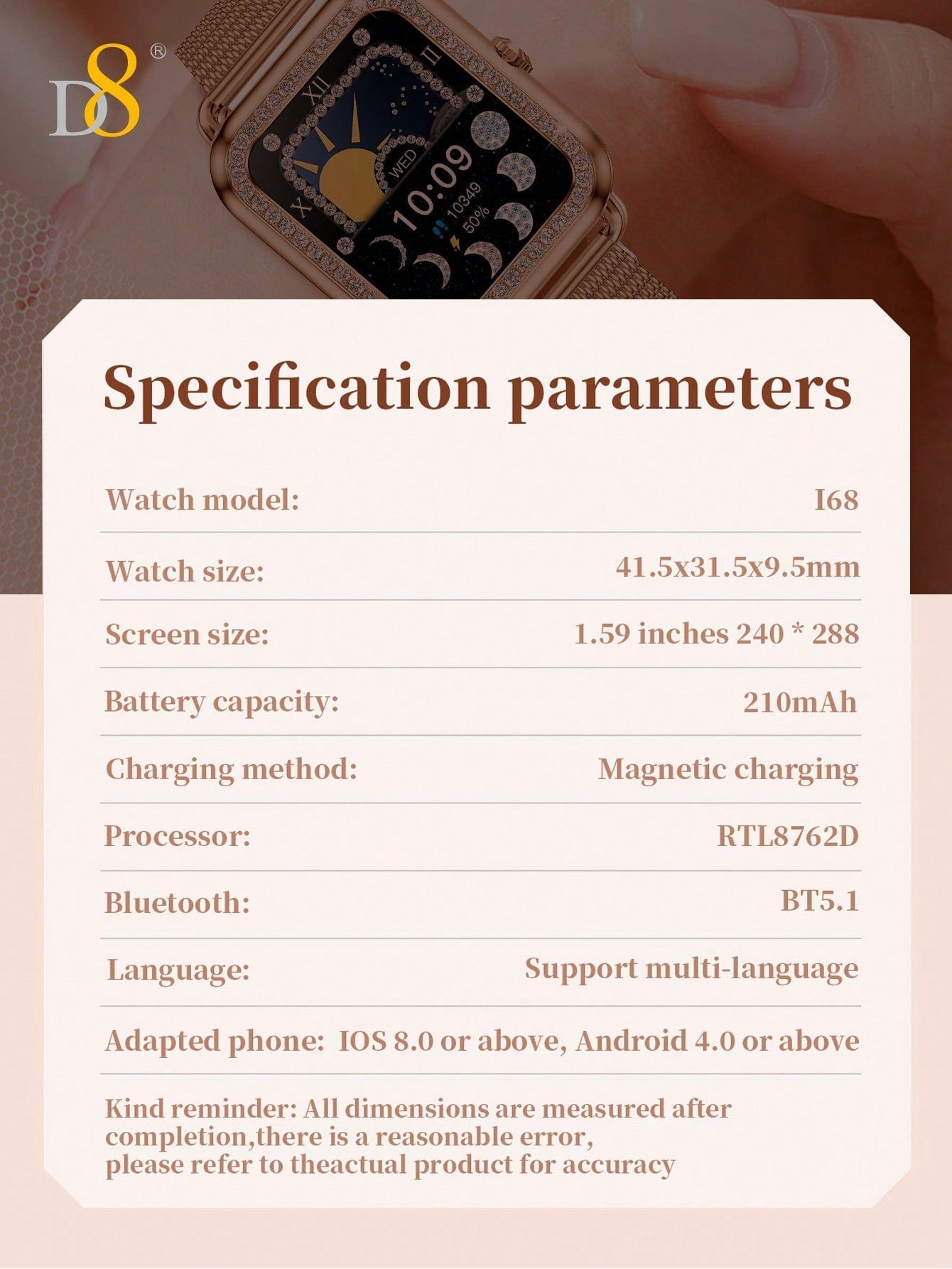 D8 Women's Smartwatch, 1.59", IP68 Waterproof, Diamond Bezel, 100+ Sports