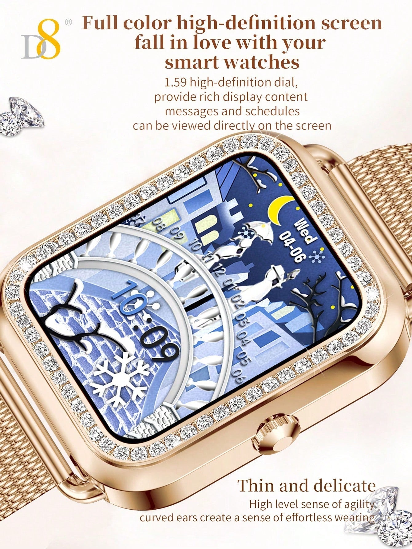 D8 Women's Smartwatch, 1.59", IP68 Waterproof, Diamond Bezel, 100+ Sports