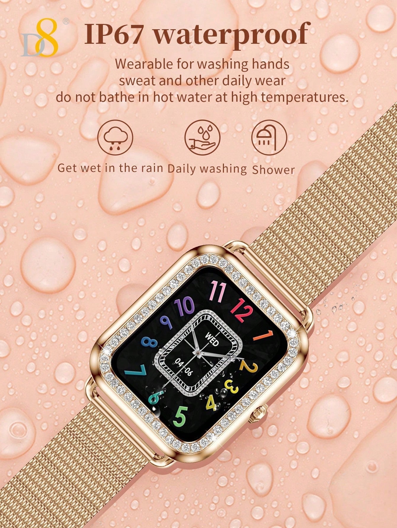 D8 Women's Smartwatch, 1.59", IP68 Waterproof, Diamond Bezel, 100+ Sports