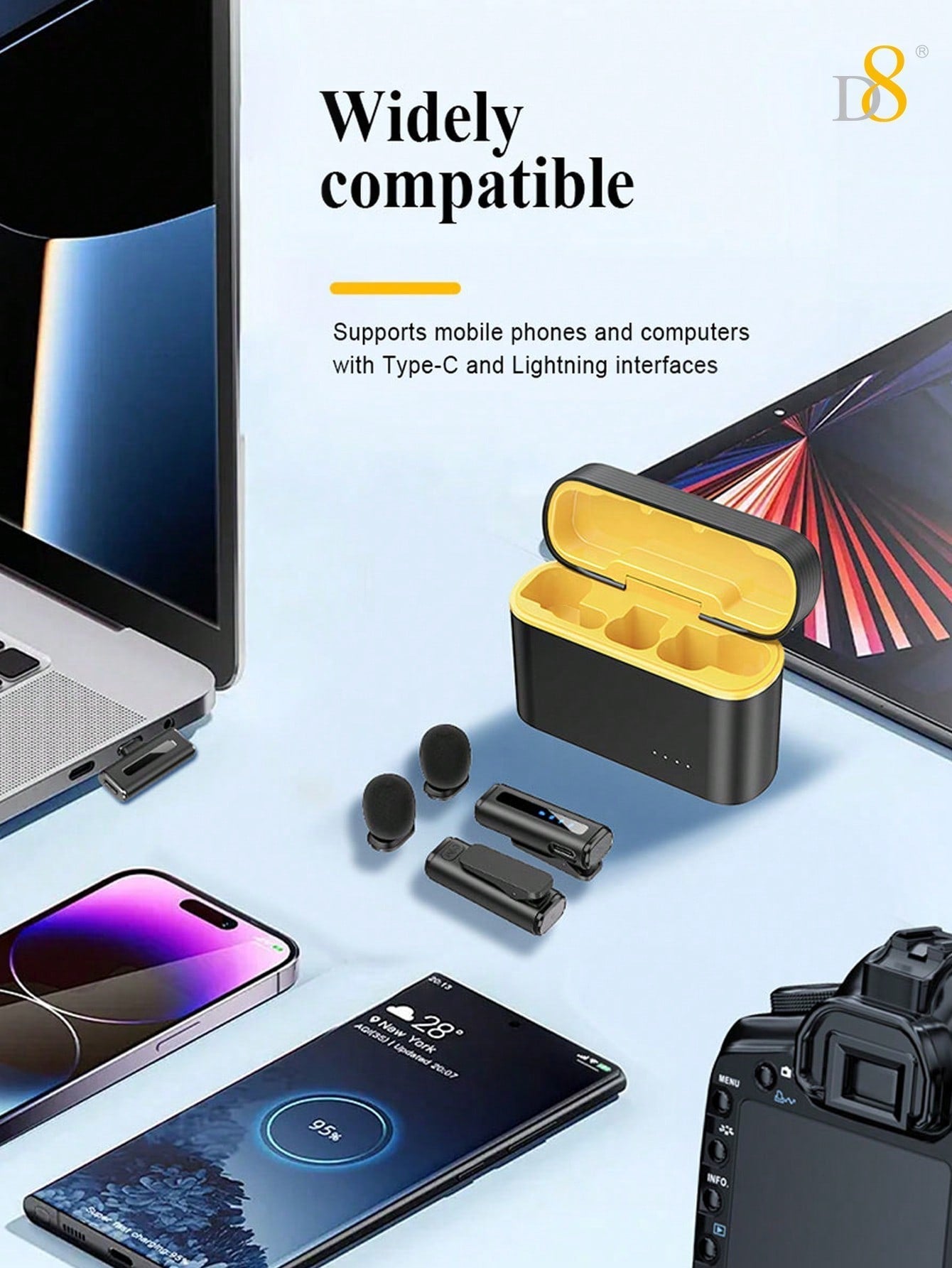 D8 Wireless Lavalier Mic, Auto Sync, Noise Reduction, 24H Battery, USB-C