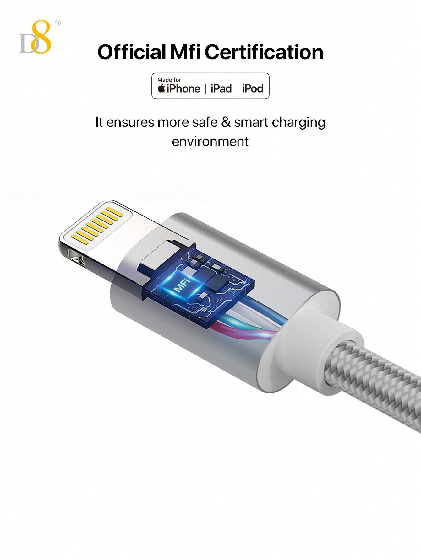 D8 3.3ft Premium Nylon USB-A to Lightning Cable, MFi Certified iPhone Charger