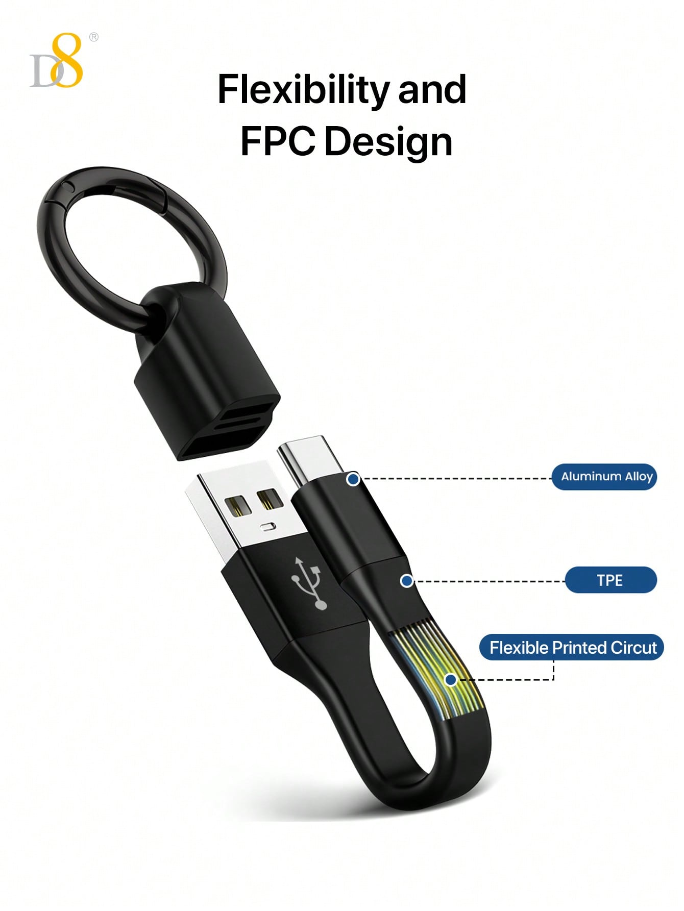 D8 USB C Keychain Cable 480Mbps, Short Charging Cable for Power Banks