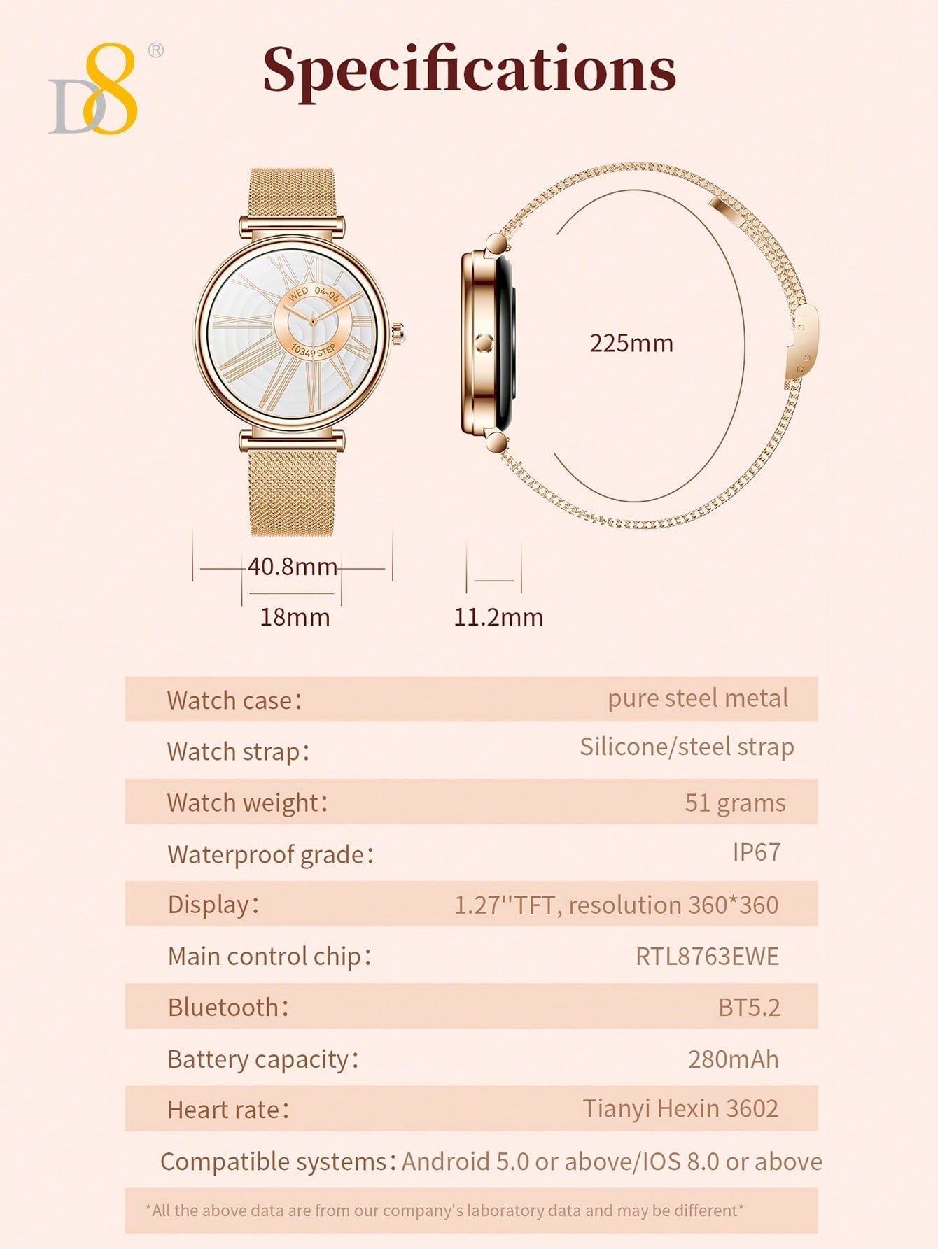 D8 Smart Watch for Women - Call Function, 100+ Sports Modes, Heart Rate Monitor