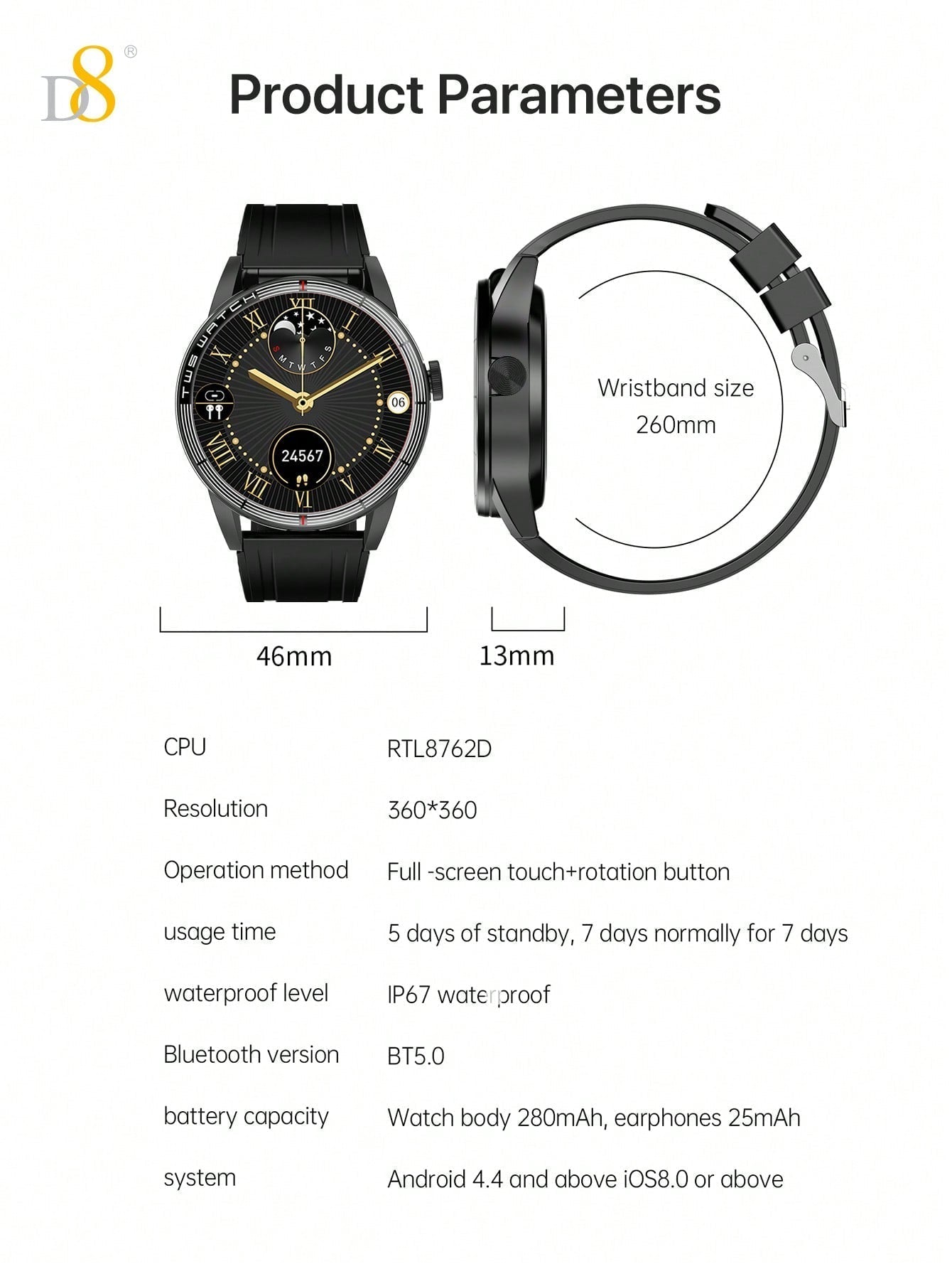 D8 2-in-1 Smartwatch with Earbuds, Fitness Tracker, 100+ Sports Modes, iOS/Android