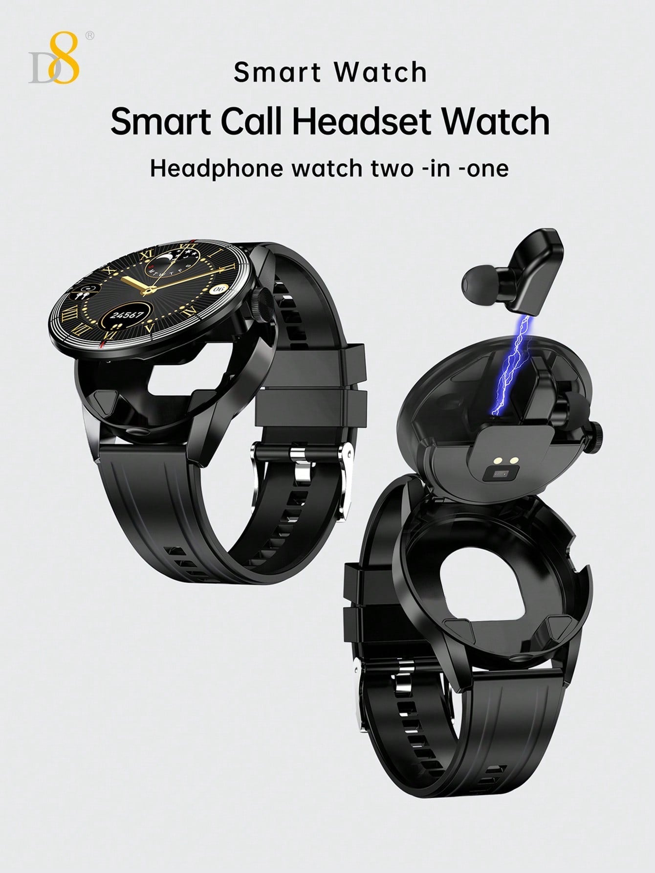 D8 2-in-1 Smartwatch with Earbuds, Fitness Tracker, 100+ Sports Modes, iOS/Android