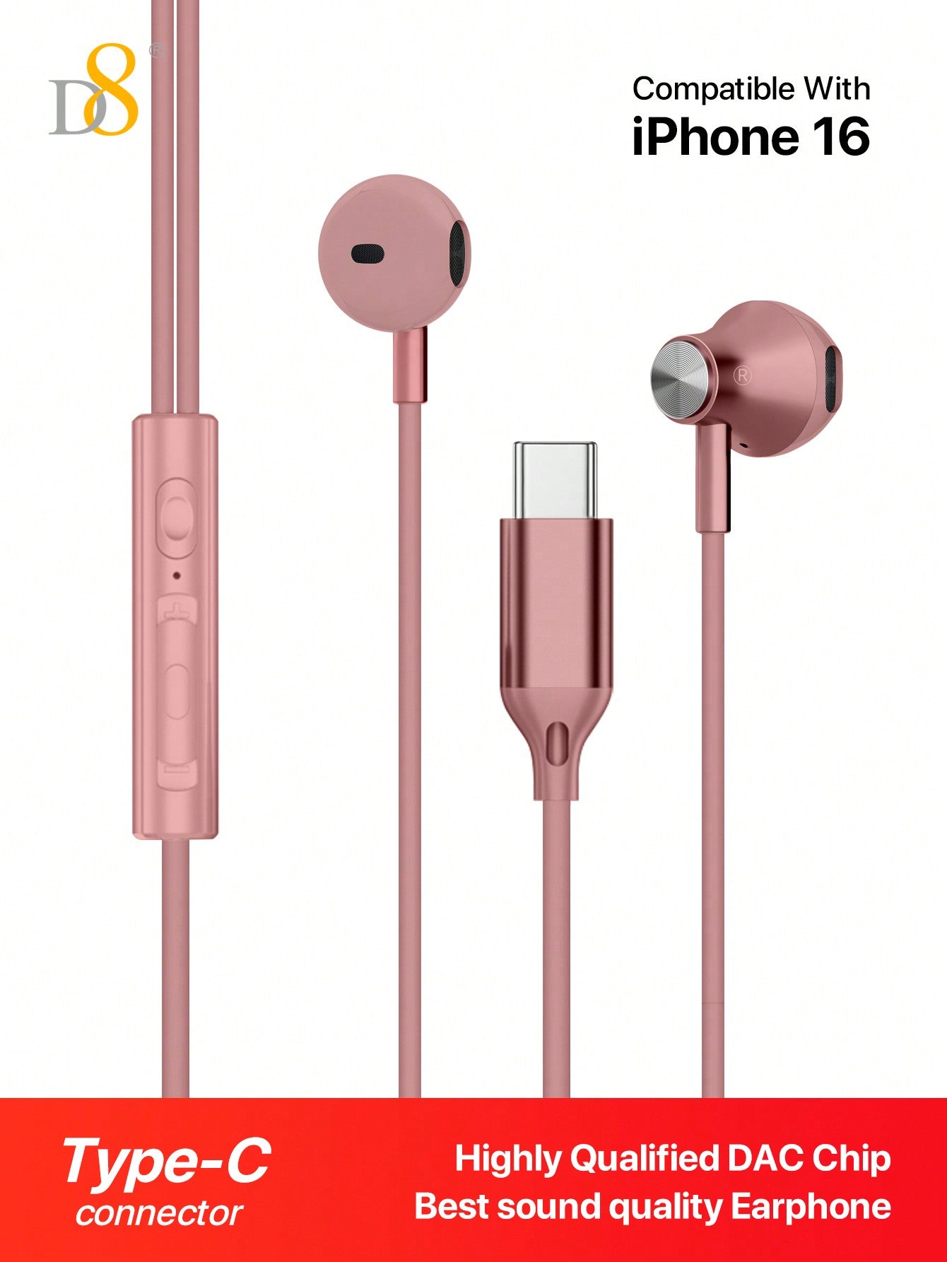 D8 USB-C Earbuds, In-Ear Headphones with Mic & Volume for iPhone/Galaxy/iPad