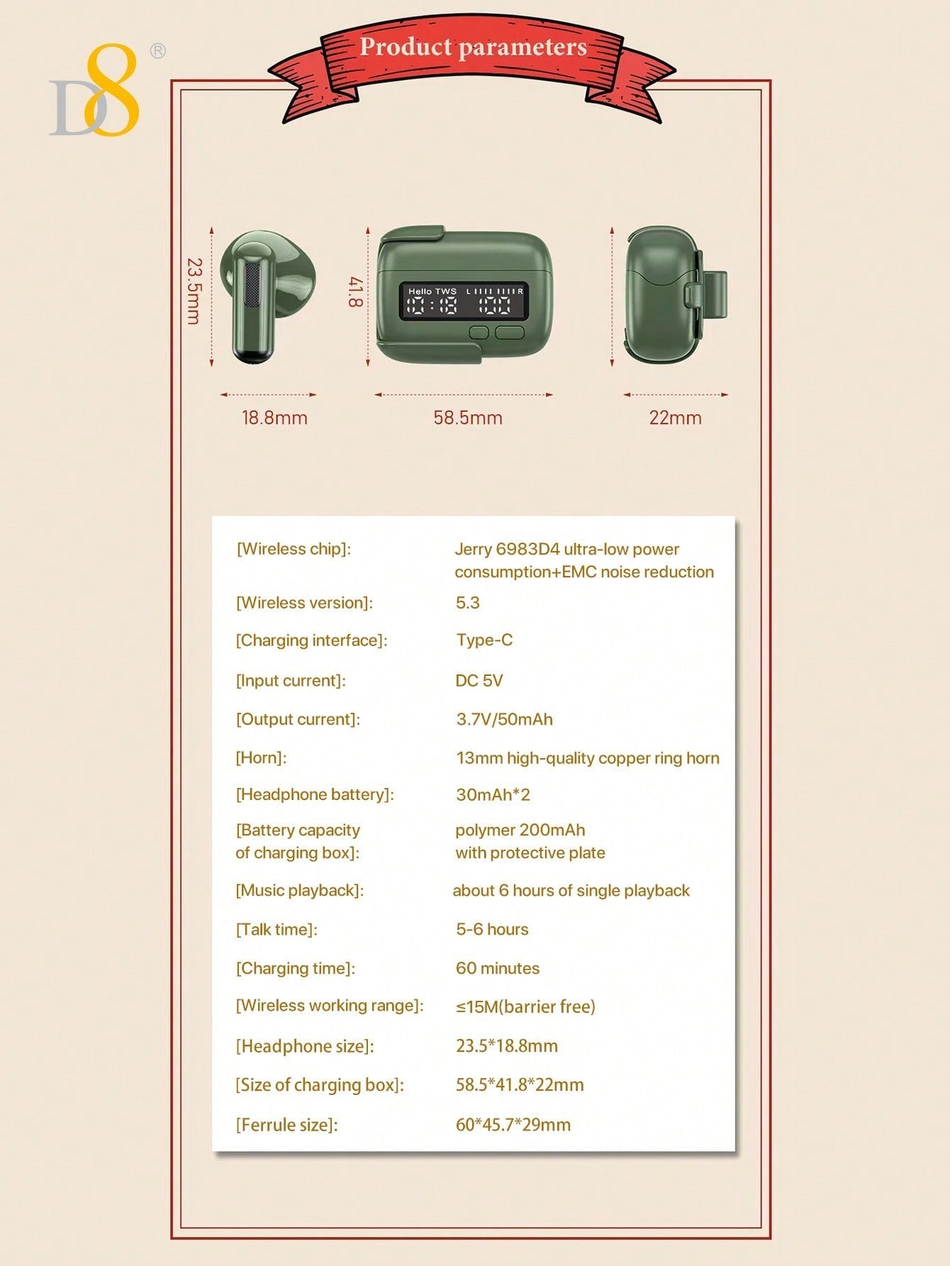 D8 Wireless Earbuds, Bass Stereo, LED Display, Mic, Button Control, Removable