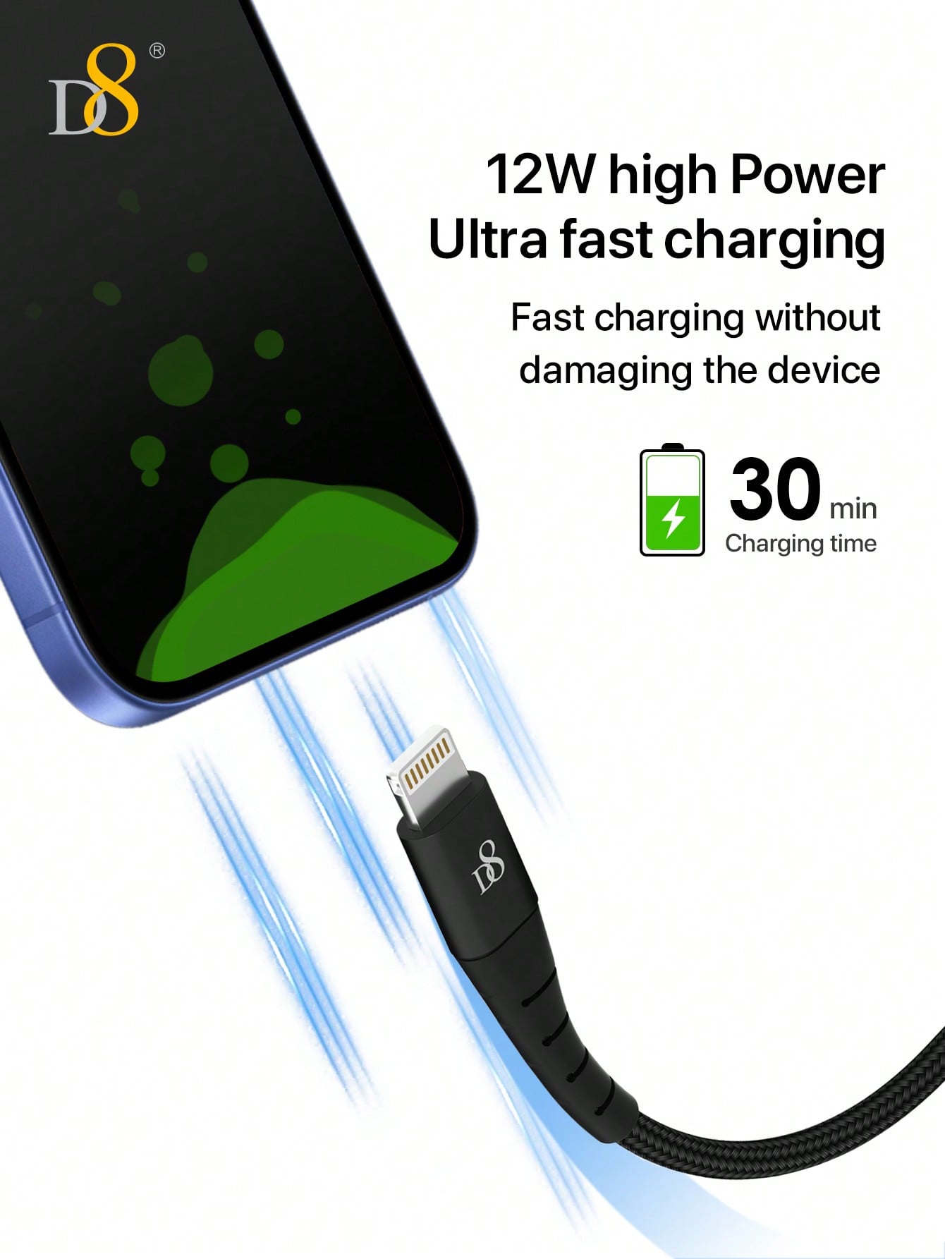 D8 3.3ft MFi Certified Nylon USB-A to Lightning Cable for iPhone & iPad