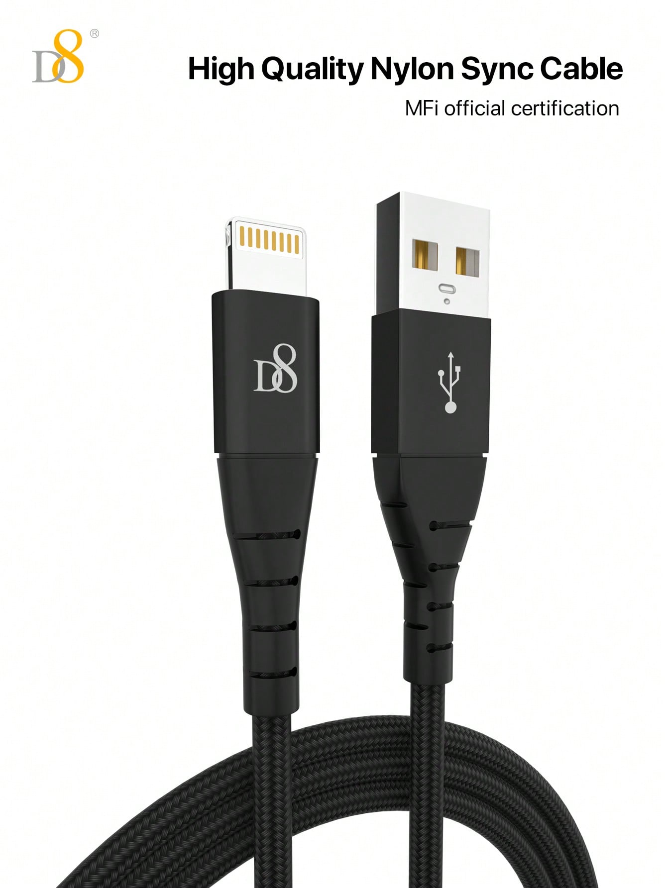 D8 3.3ft MFi Certified Nylon USB-A to Lightning Cable for iPhone & iPad