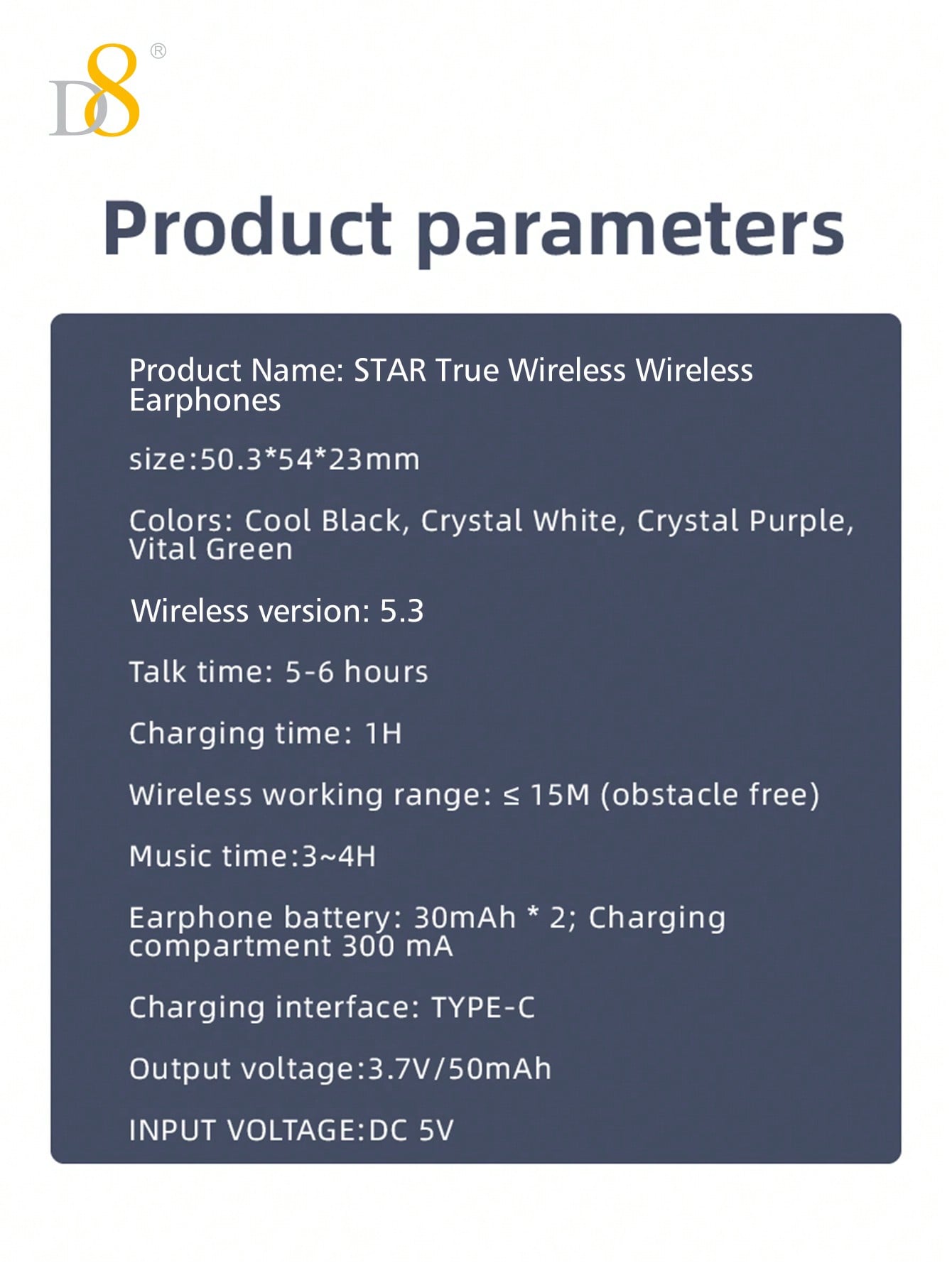 D8 Wireless Earbuds, Lightweight, Mic, IPX5, RGB Lights, HiFi Sound, Long Range