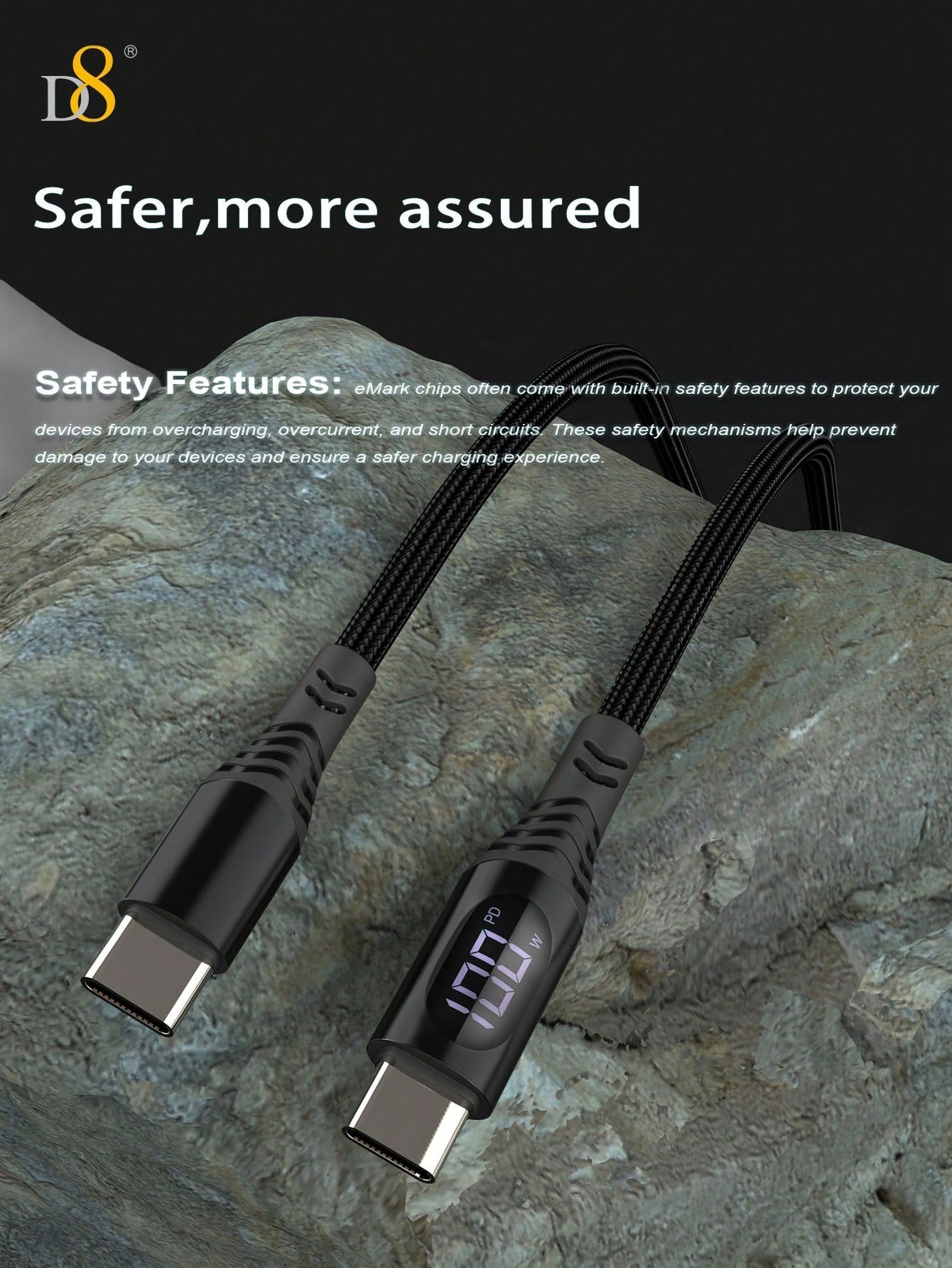 D8 1.2M Nylon USB-C Cable, 100W/5A Fast Charge with LED for iPhone/Galaxy