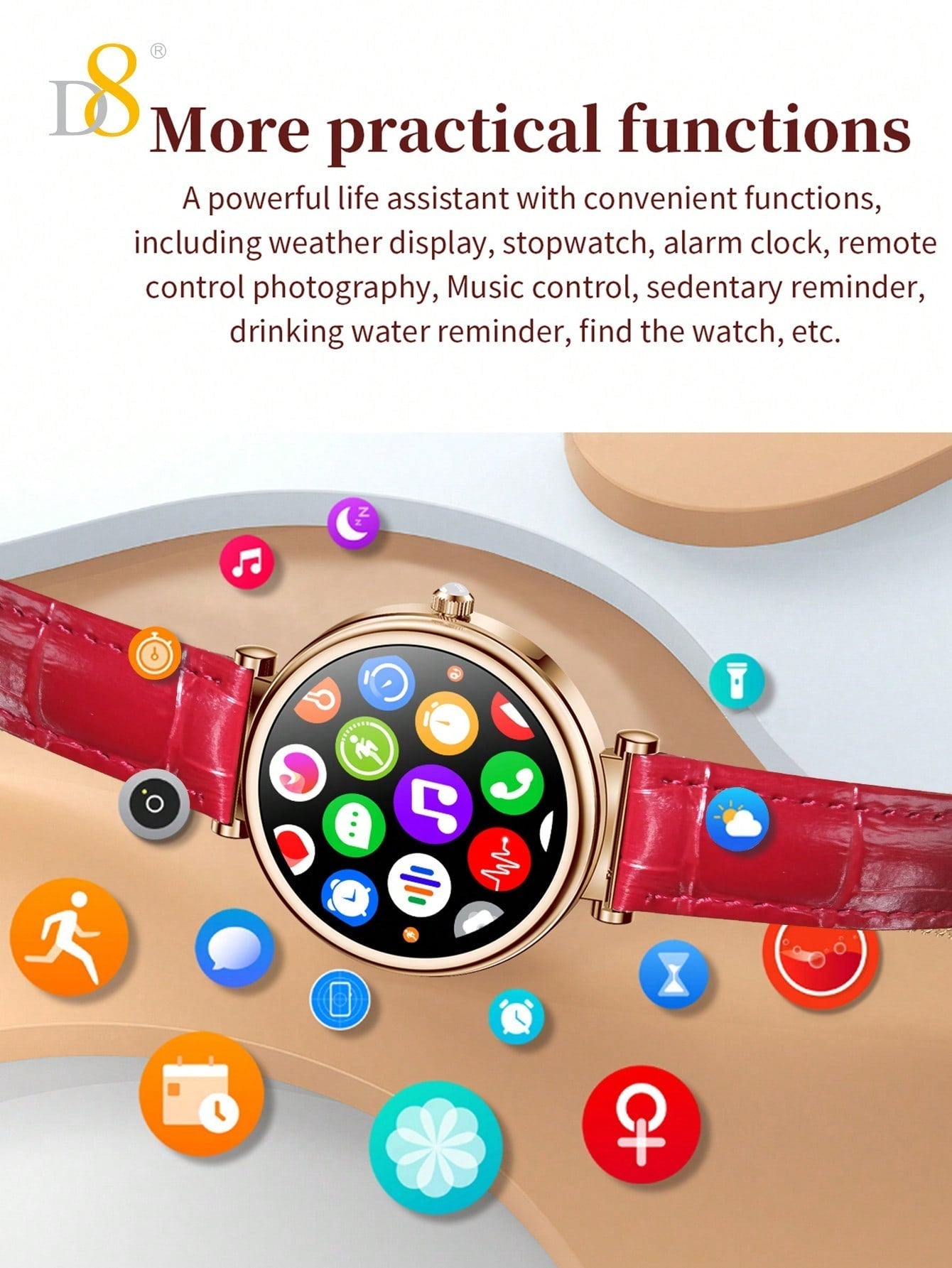 D8 Women's Smartwatch, Call Function, 1.27" Display, 100+ Sports, IP67 Rated