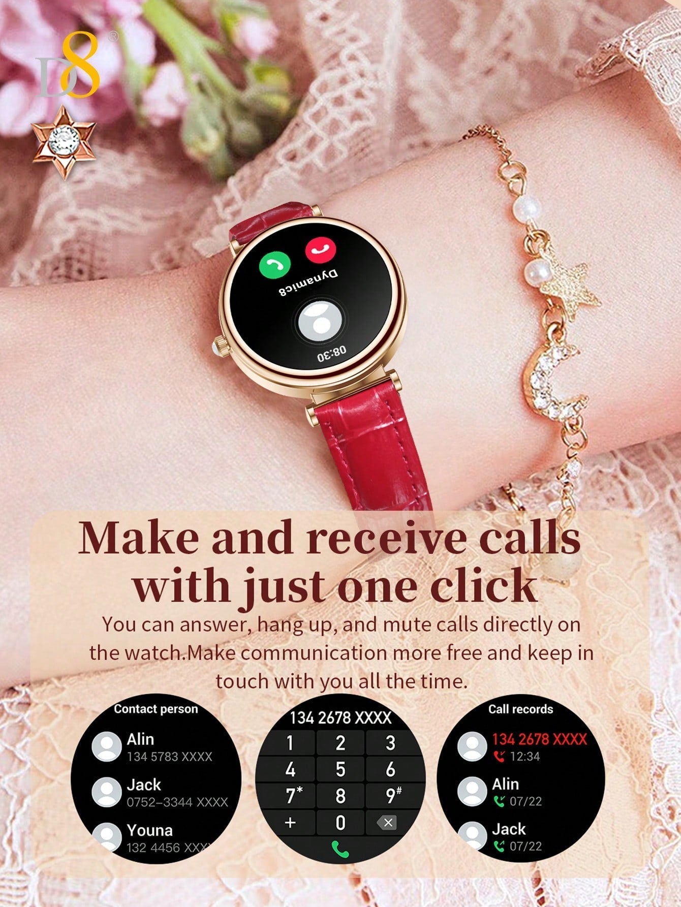 D8 Women's Smartwatch, Call Function, 1.27" Display, 100+ Sports, IP67 Rated